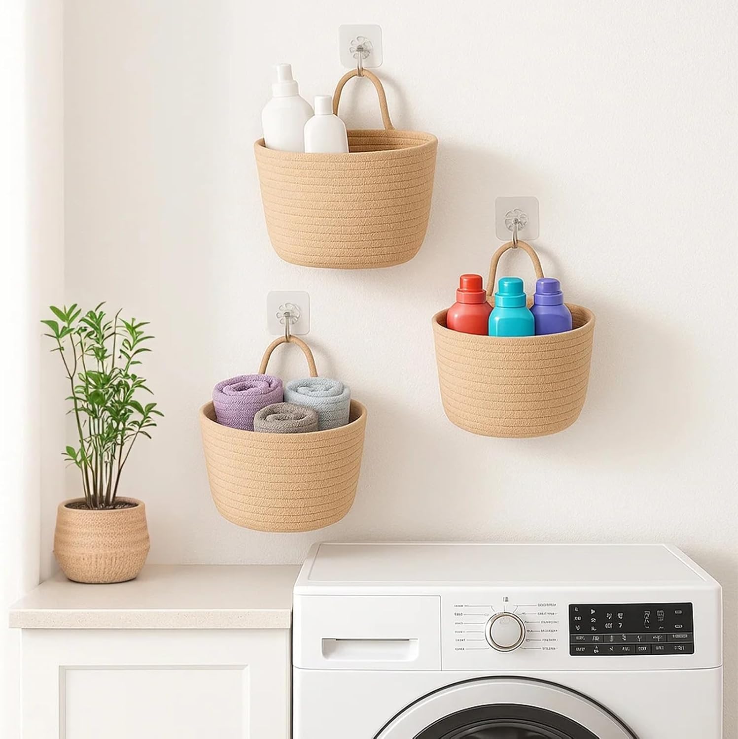 ShellKingdom Hanging Baskets, 3Pack Woven Wall Mounted Storage Basket with 3 Pcs Hooks, Boho Pouchs Bag Organizers for Home Office Living Room Bathroom Door Wall Decoration Caddy Bins (Jute) - Image 7