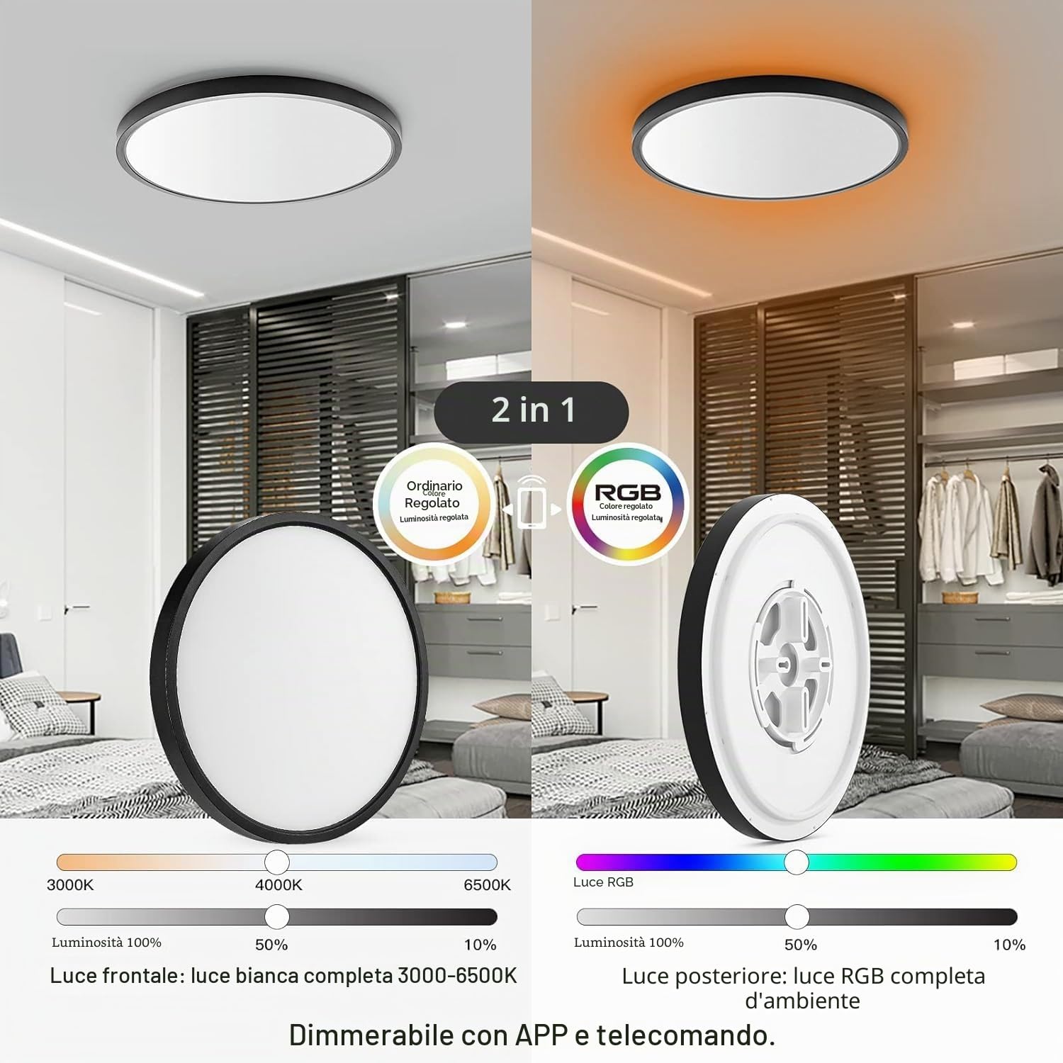 ANTENLICHT Lampada da soffitto LED Smart 24 W, compatibile con Alexa e Google Assistant Ø30 cm, controllabile tramite app con 16 milioni di colori fai da te,plafoniera WiFi con telecomando per camera