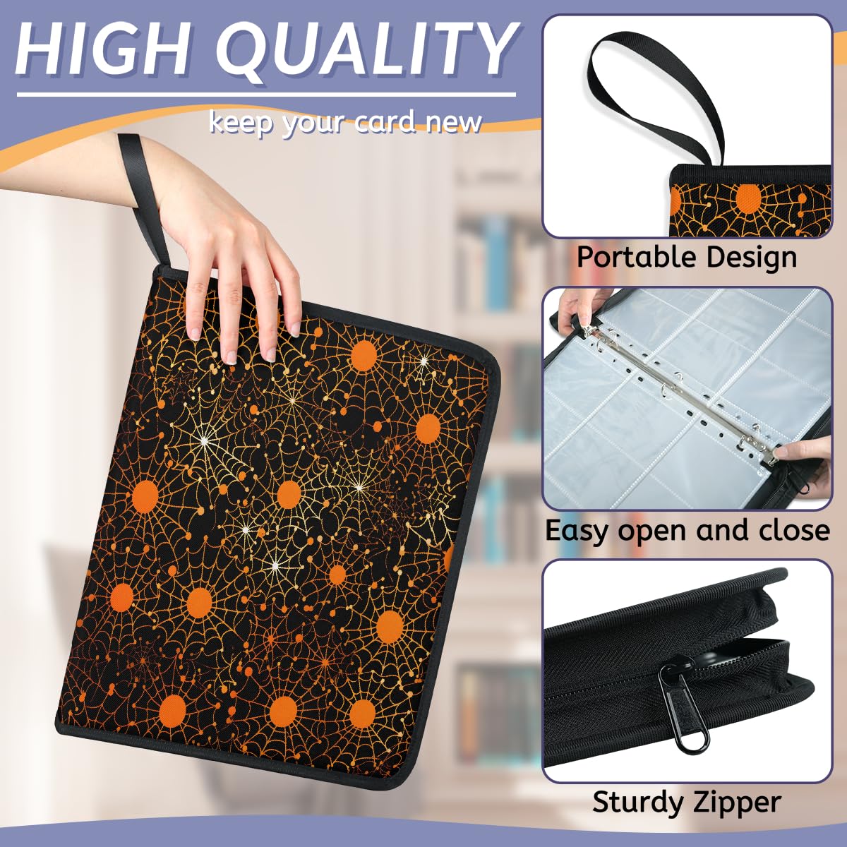 Raccoglitore per carte con 9 tasche, 900 tasche, con chiusura a cerniera (ragnatela arancione a maculati)