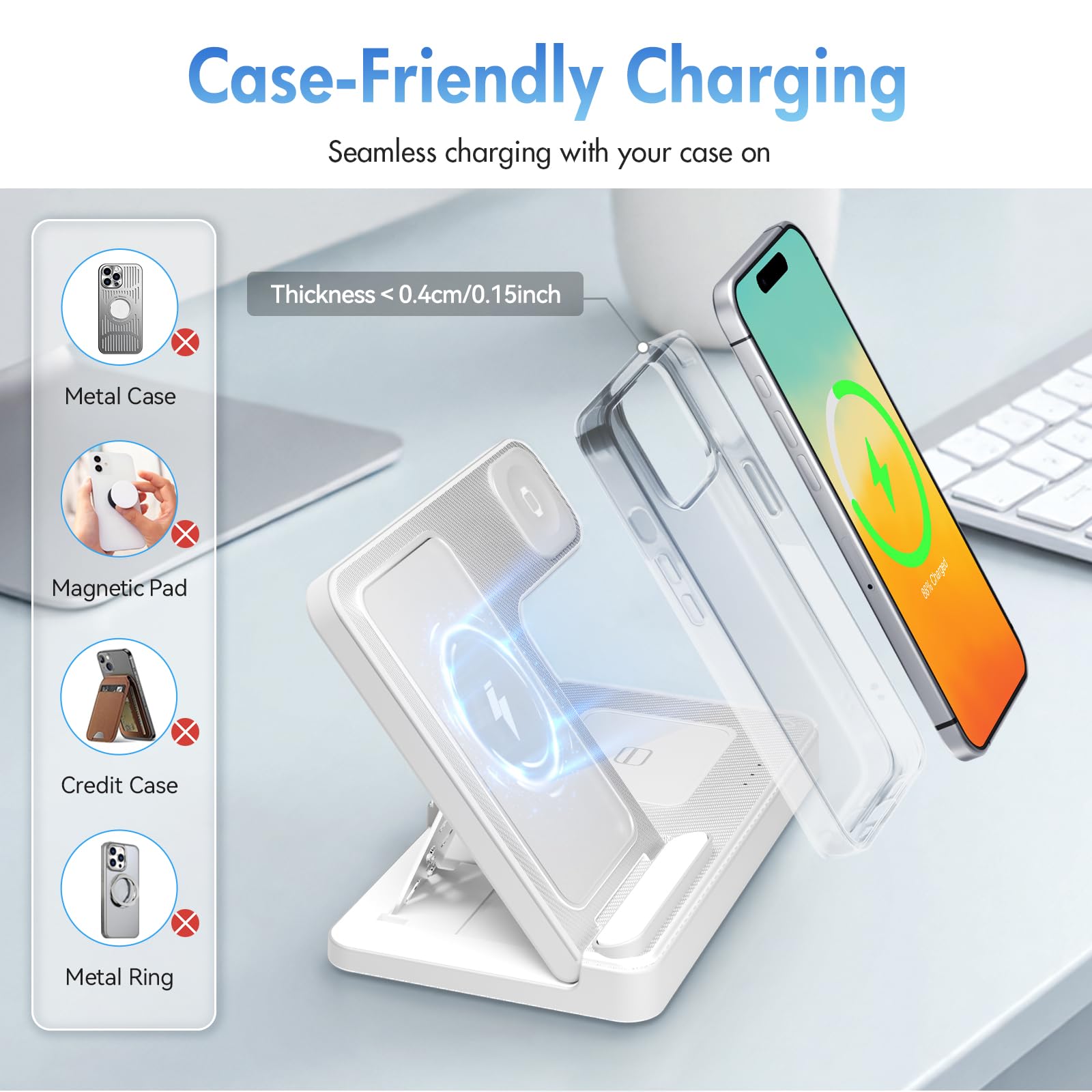 3 in 1 Wireless Charging Station for iphone Fast Wireless Charger Stand for Apple Watch, for Airpods Pro 4 3 2, for iphone 17/16/15/14/13/12/11/8/XS/XR/X/SE(No Plug Included) (White) - 3