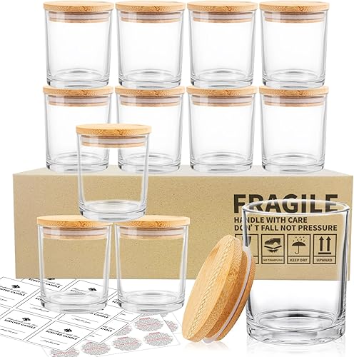SUPMIND Tarros de vela de 4 onzas, paquete de 12 tarros pequeños de vidrio vacío transparente con tapas de bambú, calcomanías y etiquetas, tarros de