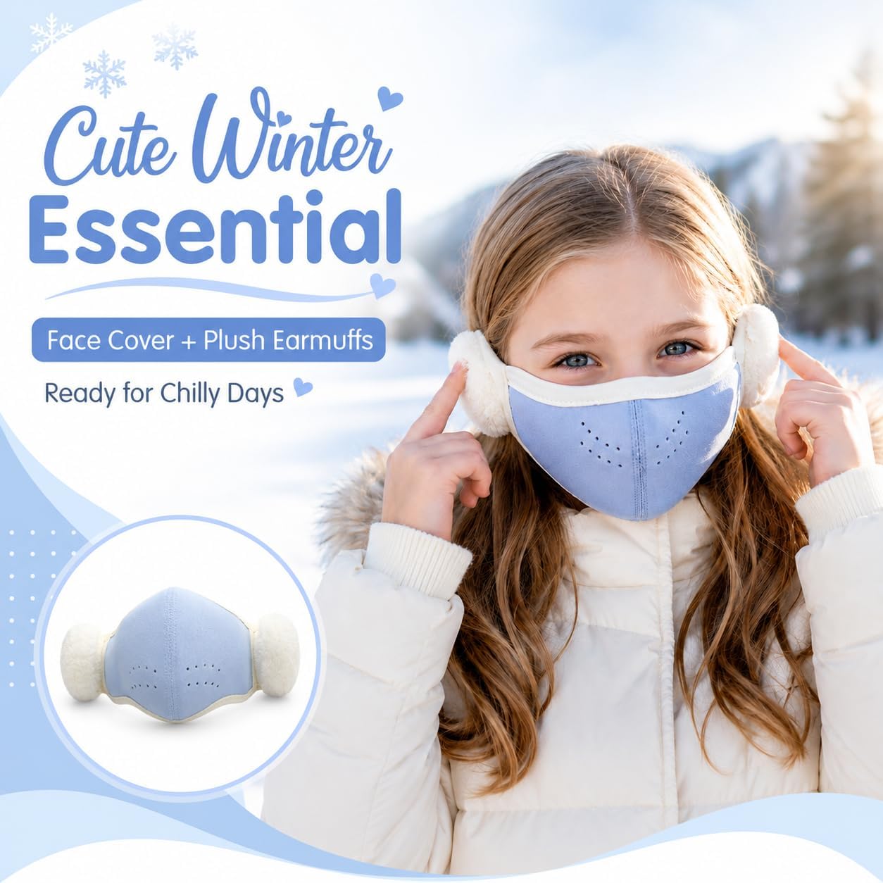 Kids Winter Face Cover with Plush Earmuffs, 2-in-1 Cold Weather Mask for Boys Girls, Cozy Winter Accessory