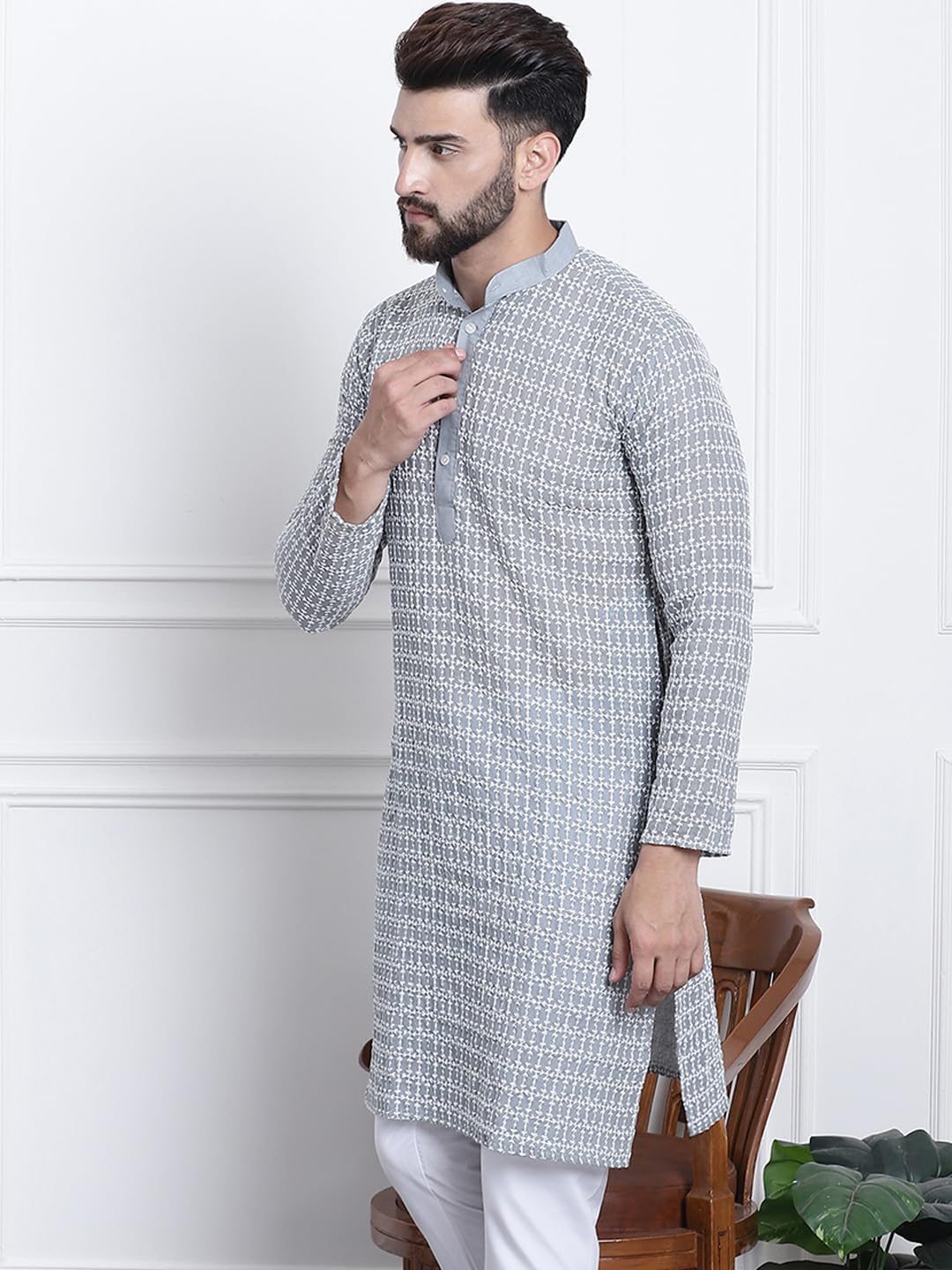 Sojanya (Since 1958 Men's Pure Cotton Grey With White Embroidery Only Long Kurta