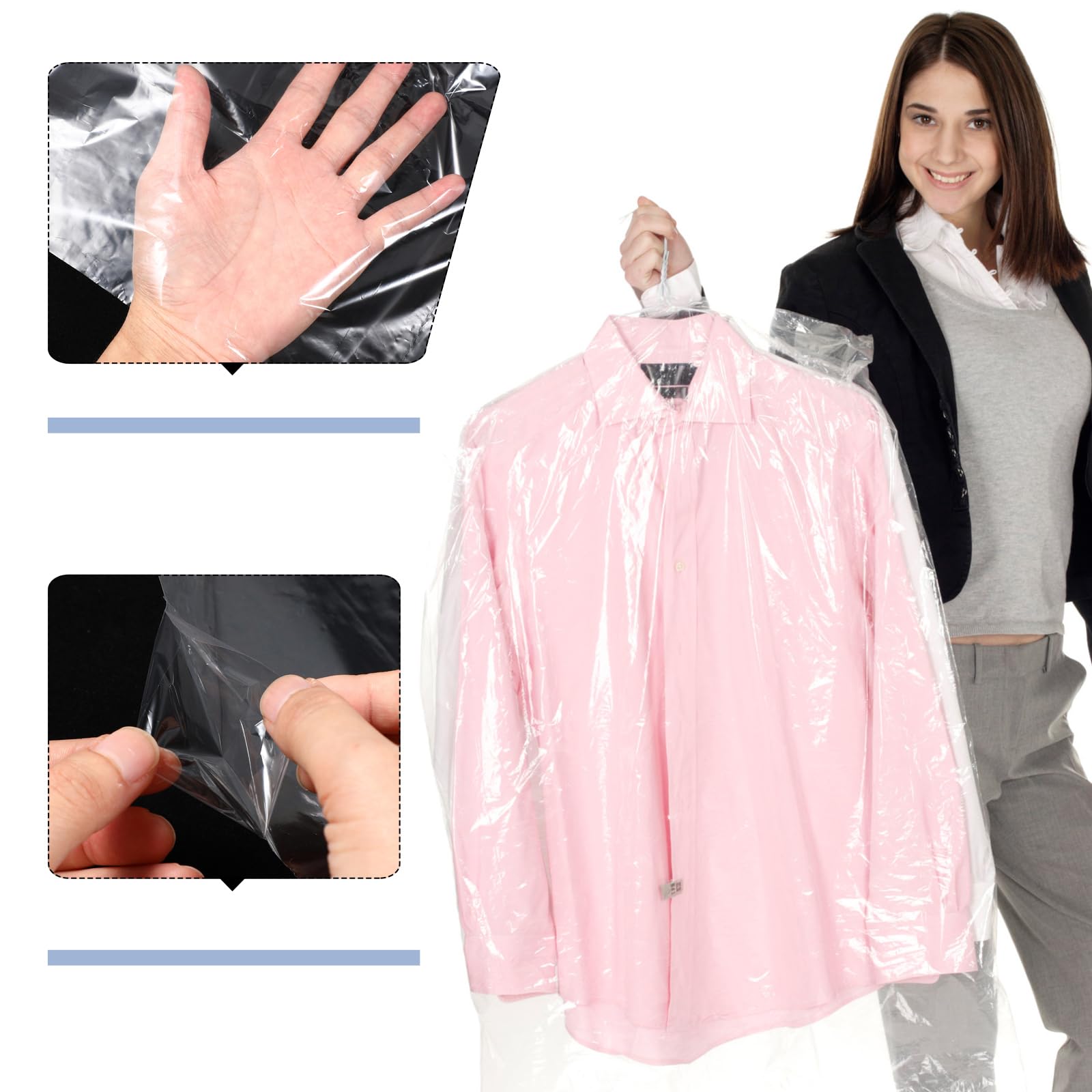 Lot de 15 sacs en plastique transparent pour vêtements - Sacs de nettoyage à sec, anti-poussière - Housses de vêtements de 90 cm pour accrocher des vêtements pour nettoyage à sec, rangement