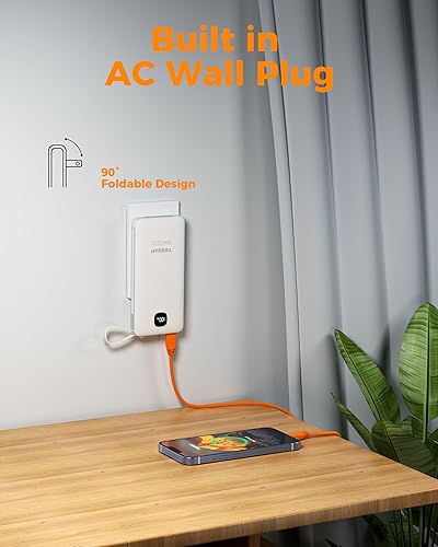 Miniatura 5 de Cargador portátil con cables integrados, cargador de batería TESSAN de 10000 mAh de carga rápida con cargador de pared plegable, batería compacta de