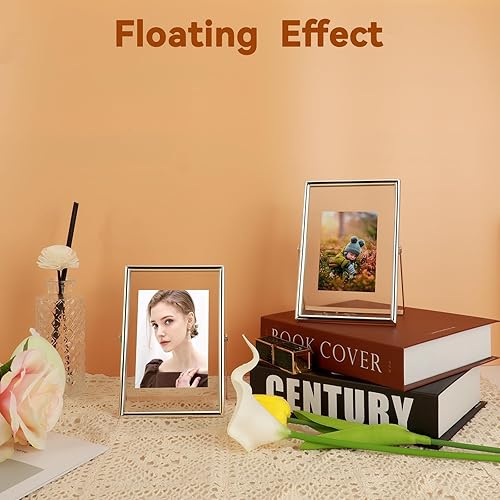 Miniatura 4 de Marco flotante plateado (4 x 6 pulgadas, vertical), 2 juegos, para fotos de 3.5 x 5, 2 x 3, 1 x 2, mini marcos de fotos de escritorio, regalo