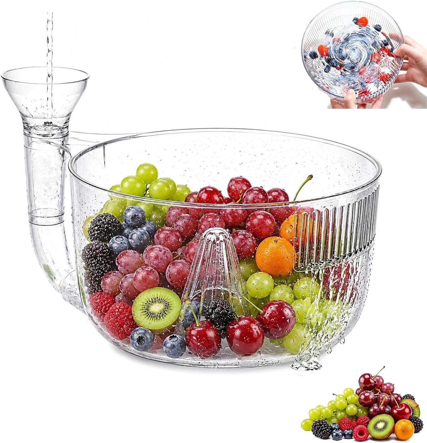 Berry Washing Bowl, Clear Self Spinning Berry Washing Bowl, Spinning Berr𝐲 Washin𝒈 Bow𝒍, Self-Draining Design, Fruit Washing For Strawberries, Blueberries, Grapes, Cherry Tomatoes (1)