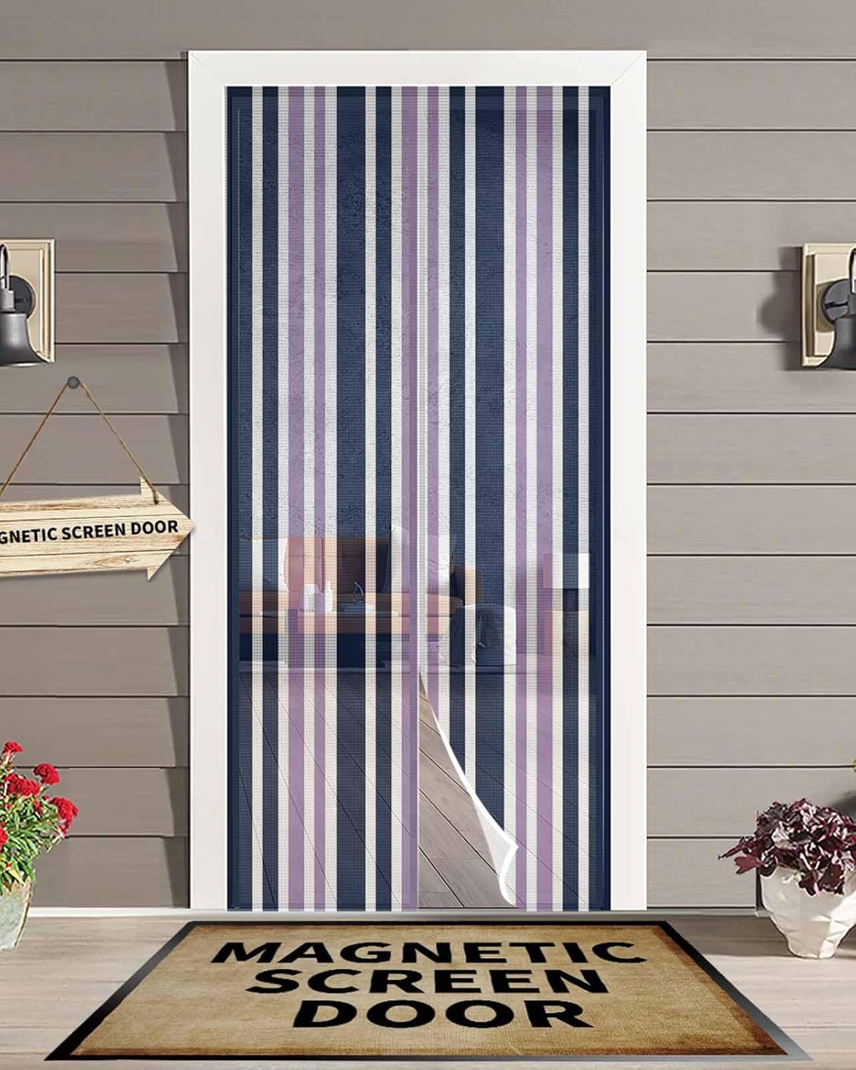 Navy Blue Purple Striped Magnetic Screen Door, Modern Minimalist Ombre Lines Hands Free Screens Mesh Size 38" x 83", Reinforce Heavy Duty Mesh Screen Doors for Patio/Front/Sliding Door