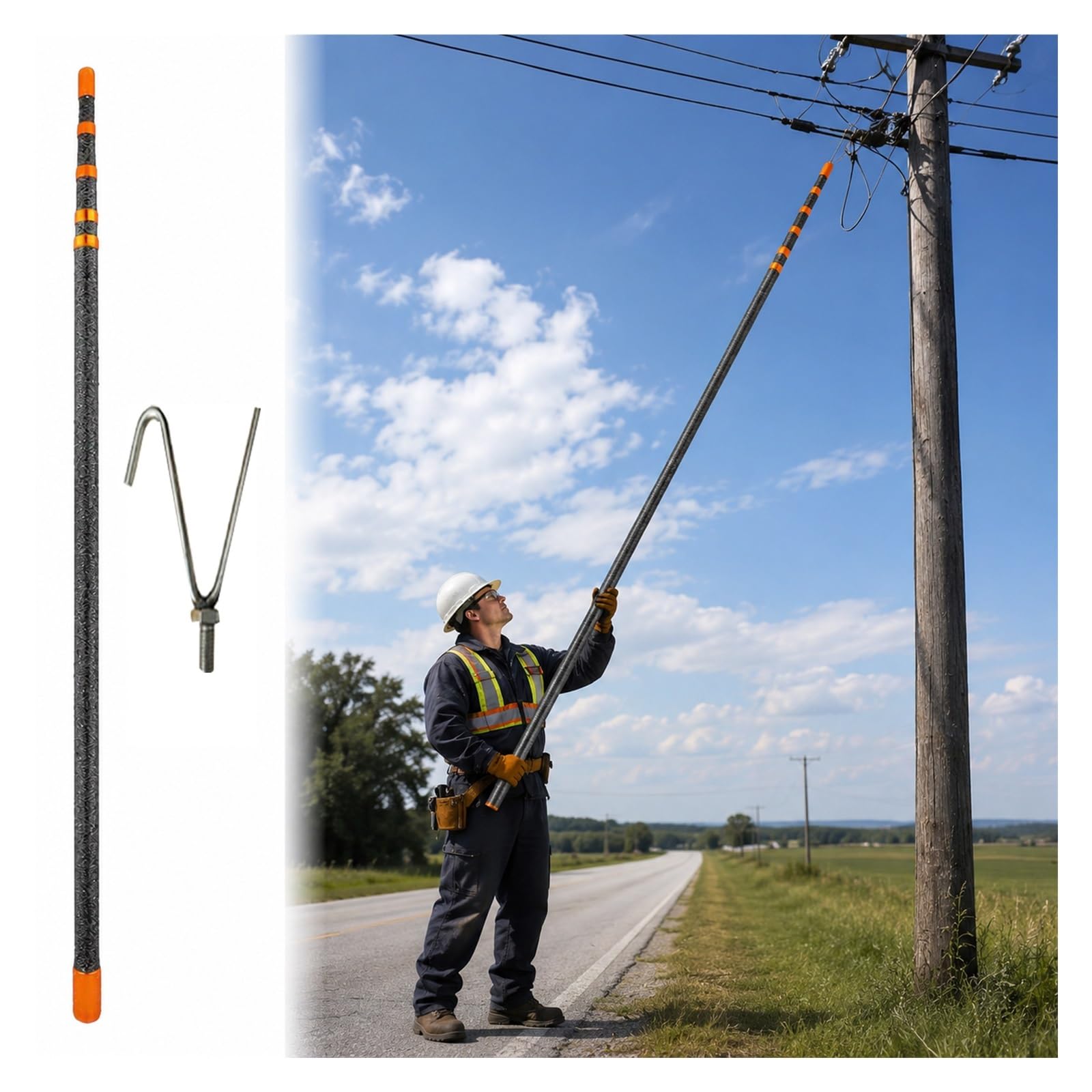 MZZKFC 6 10 13 16 20 23 26 30ft Telescoping Lineman Hot Stick，Lightweight 45KV High Voltage Rod for Emergency Repairs，Insulating Switching Pole with Hookhead(E head,Longest 8m/26.2 ft)