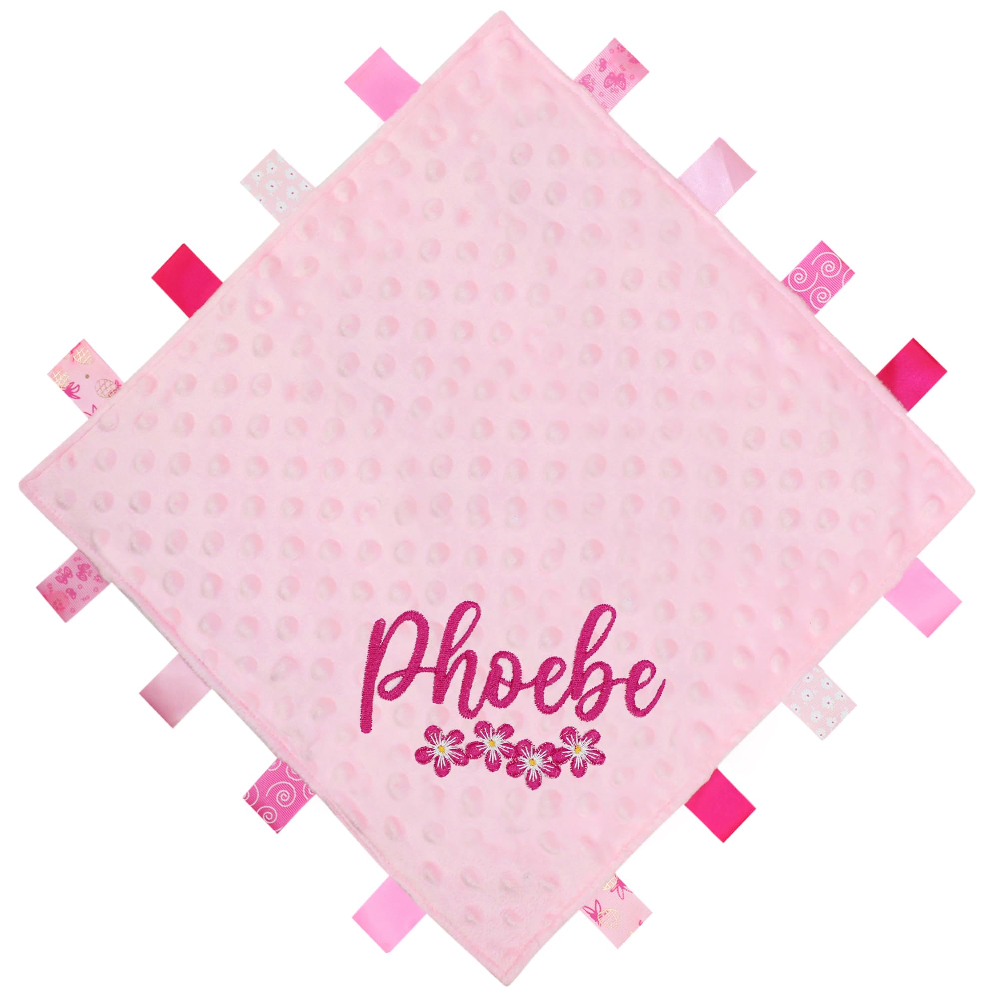 Teddyt's Pink Personalised Baby Floral Embroidered Ribbon Taggy Blanket Comforter