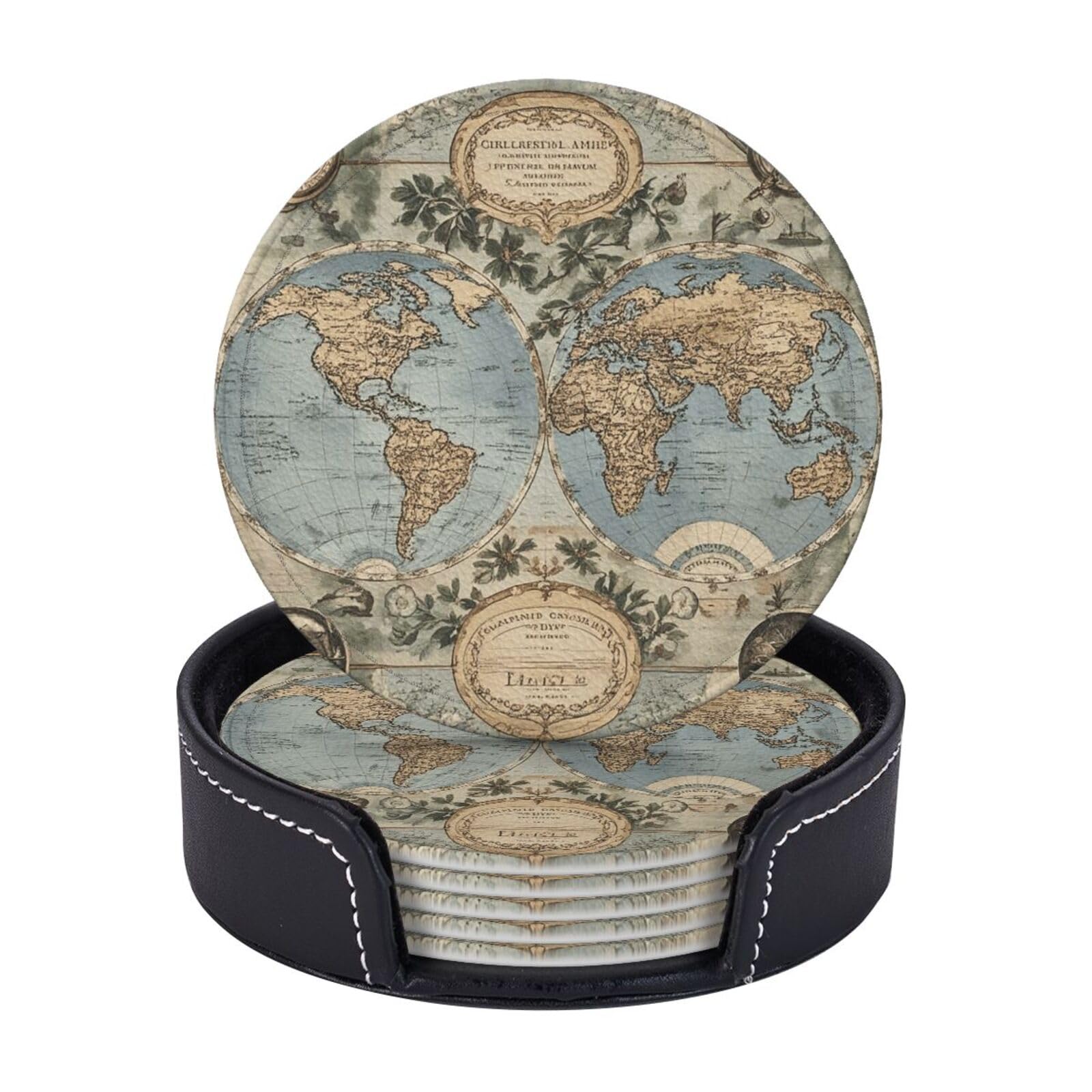 Mxdlkswpoh Vintage Old World Map Drink Coasters Set Of 6 Waterproof Non-Slip Leather Coaster With Holder Round Mug Mat Coasters For Drinks Tabletop Protection Cup Pad For Coffee Table Bar Home Decor