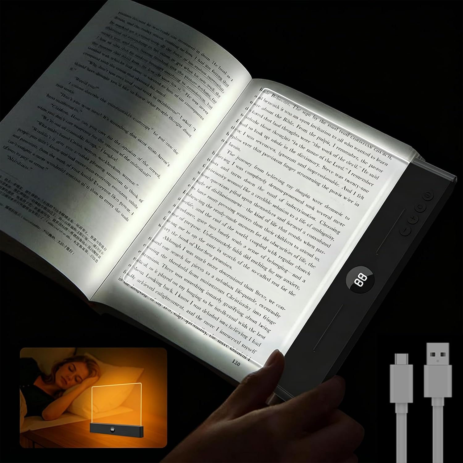 Smart Flat Book Light, Rechargeable LED Reading Light, Black
