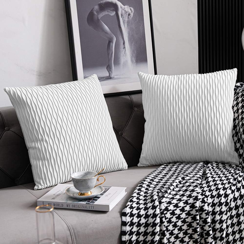 DEZENE White Striped Couch Pillow Cases: 2 Pack 20x20 Inch Original Velvet Square Throw Pillow Covers for Farmhouse Home Decor