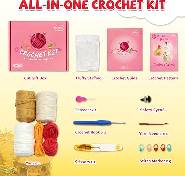 SGIBYN Crochet Kit for Beginner - DIY 3 Chickens Amigurumi Set with Video | Step-by-Step Video Tutorials, 3 Cute Chickens Animal Kit, Easy DIY Craft for Teens & Adults