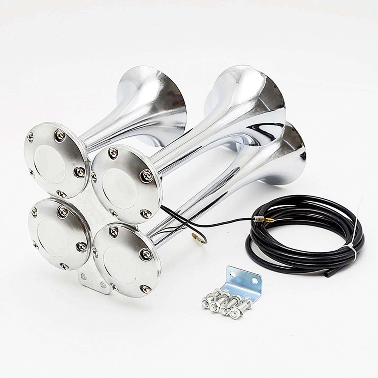 car horn Silver four double row horn 12V 170DB loudspeaker solenoid valve waterproof pipe electric The electromagnetic valve metal for car every vehicle vans truck trains boats with Large