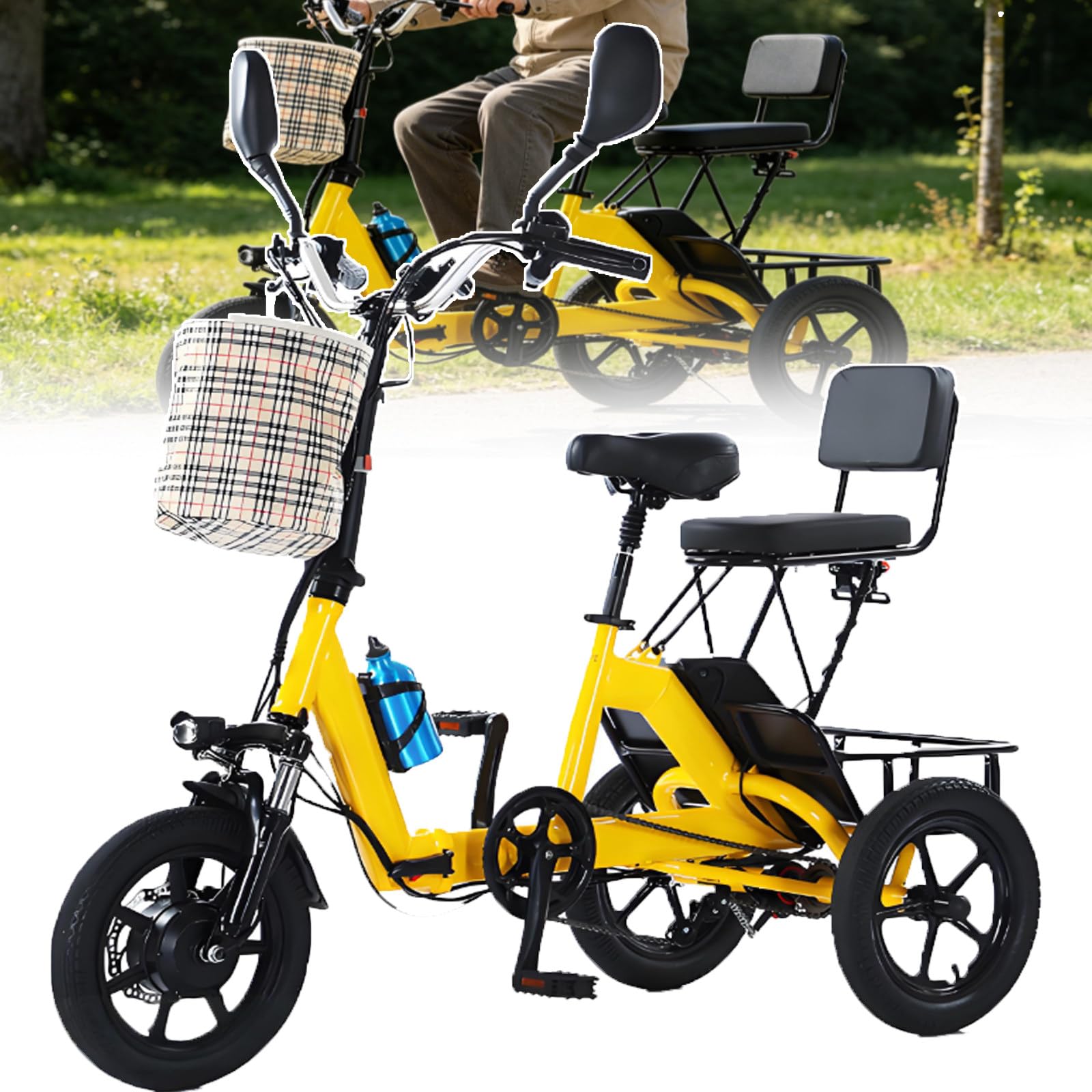 Triciclo Elettrico per Adulti, Ideale per Anziani E Pendolari, con 3 modalità di Guida, Pieghevole, velocità Massima 20 Km/H, Autonomia 40 Km E Portata Massima 200 kg Yellow