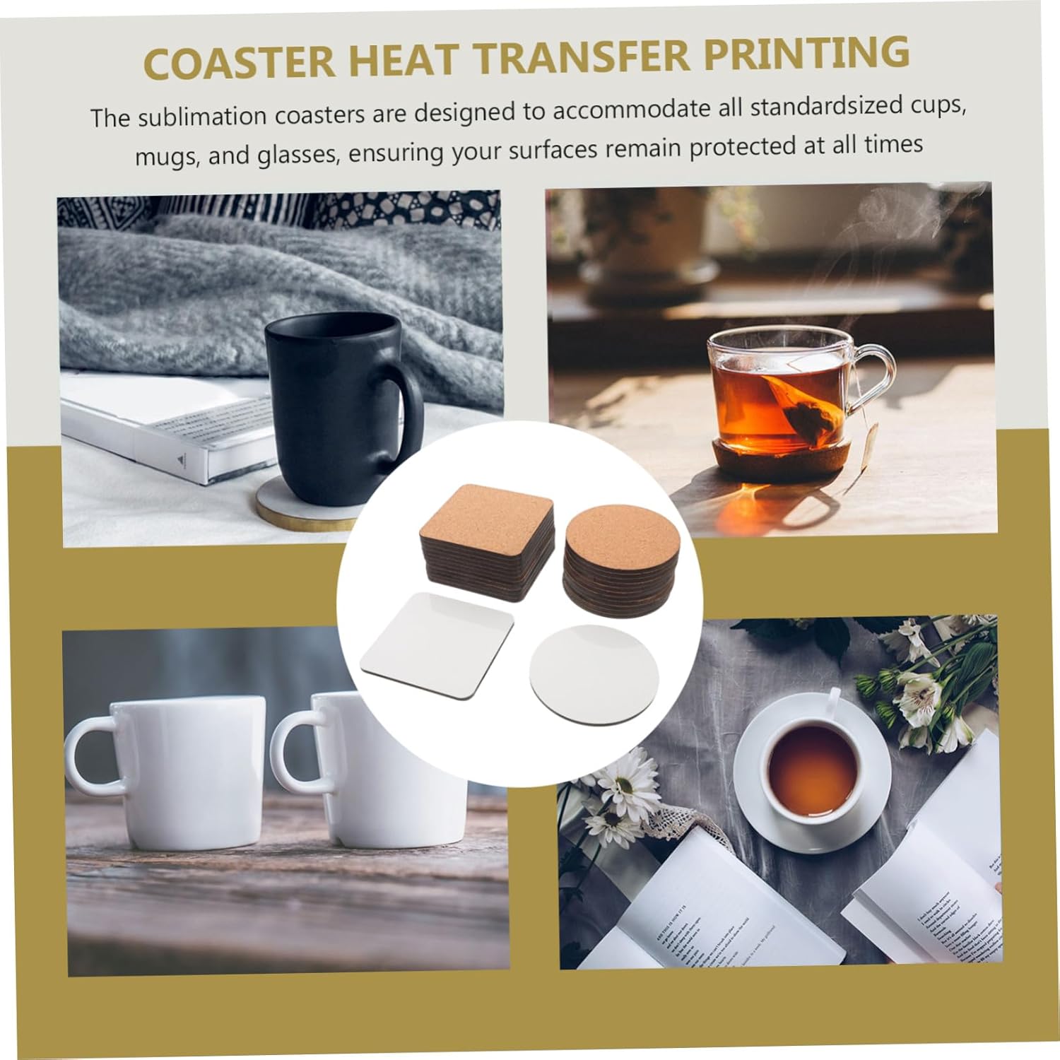 24pcs Round and Square Sublimation Coaster Blanks with Protective Cork Backing Heat Transfer MDF Drink Coasters for DIY Beverage Decor Suitable for Standard Cups and Mugs Crafting