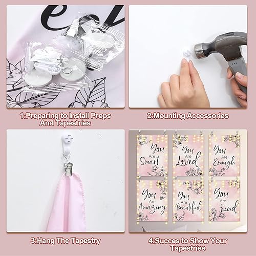 Miniatura 6 de Rtteri Tapiz floral rosa de 12 x 16 pulgadas, 6 piezas con citas inspiradoras LED de luz, decoración de pared, tapiz cristiano gris y rosa,