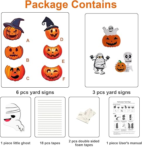 Vista 6 de GameXcel Letreros de Halloween para patio – Estacas grandes de calabaza fantasma, monstruo para decoración de Halloween, decoración de césped al