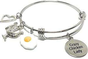 Crazy Chicken Lady Charm Bangle, Stainless Steel Expandable Bracelet with Multicolored Enameled Chicken Charms