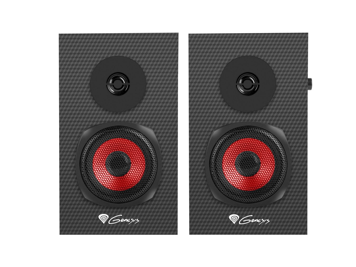 Genesis Helium 200 PC Lautsprecher 2.0 Schwarz/Rot, kabelgebundene Gaming Lautsprecher 20W RMS, Computer Lautsprecher mit Mini Jack 3,5 mm, Kopfhörerausgang, Holzgehäuse, Lautstärkeregler