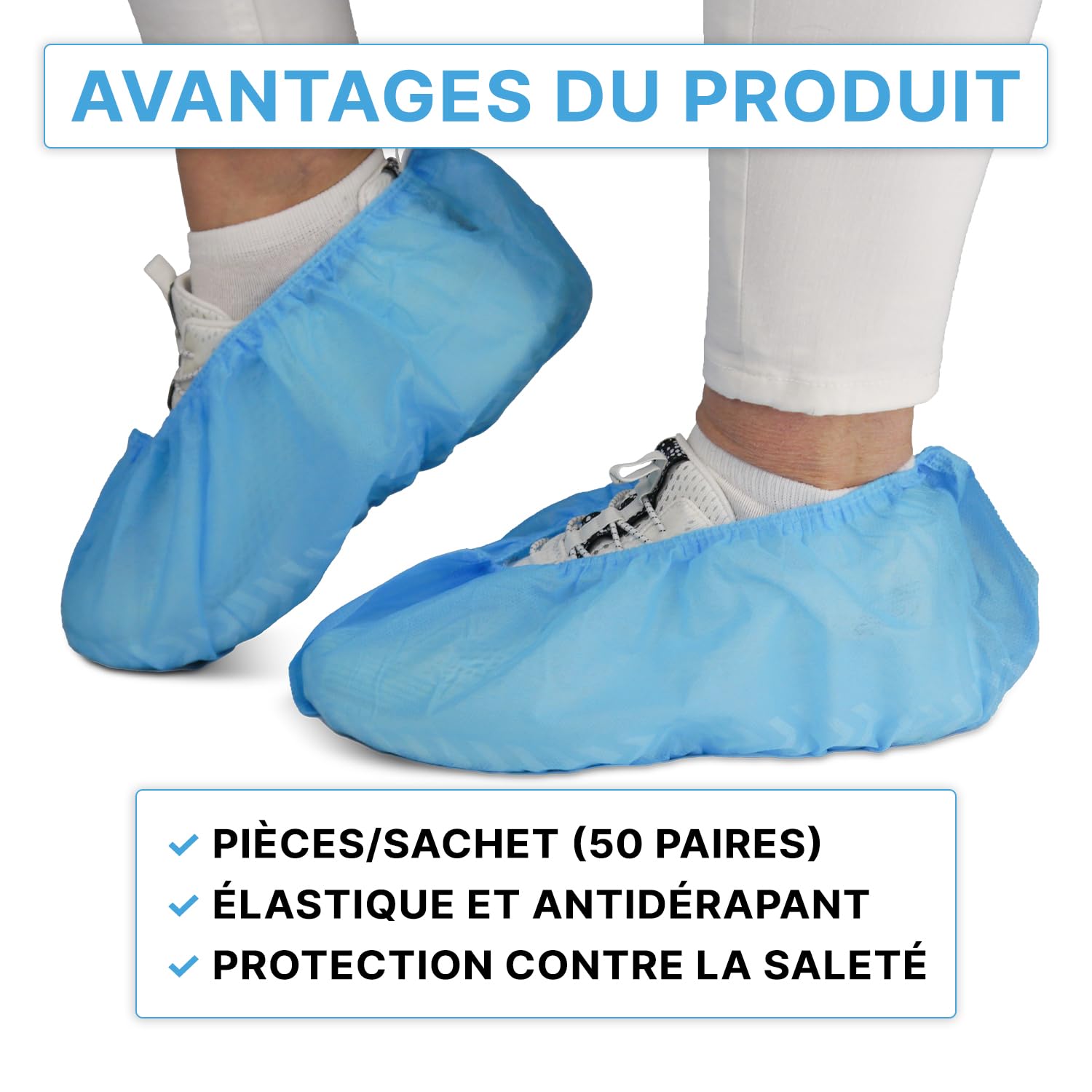 1000 ARNOMED PP couvre-chaussures jetables, couvre-chaussures bleus avec semelle antidérapante, couvre-chaussures antidérapant, couvre-chaussures jusqu'à la taille 47, dimensions : 17x40cm
