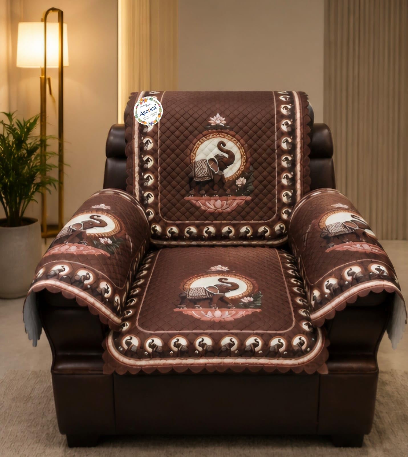 Cotton 4 PCs Brown Animal Design Sofa Cover with Handle Cover Set of 1 Seater-image-45