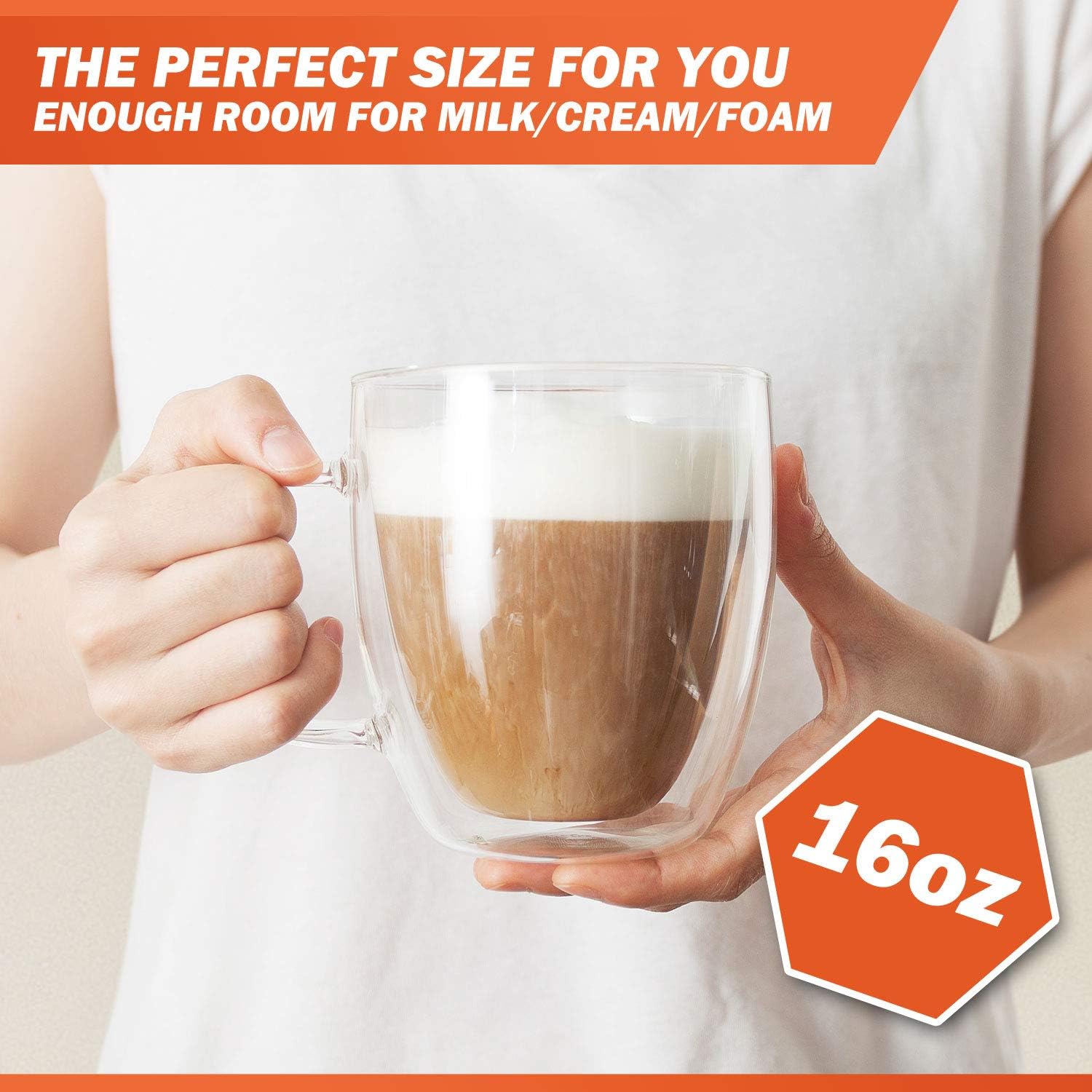 Large Coffee Mug, Double Wall Glass 16 oz Dishwasher & Microwave Safe Clear, Unique
