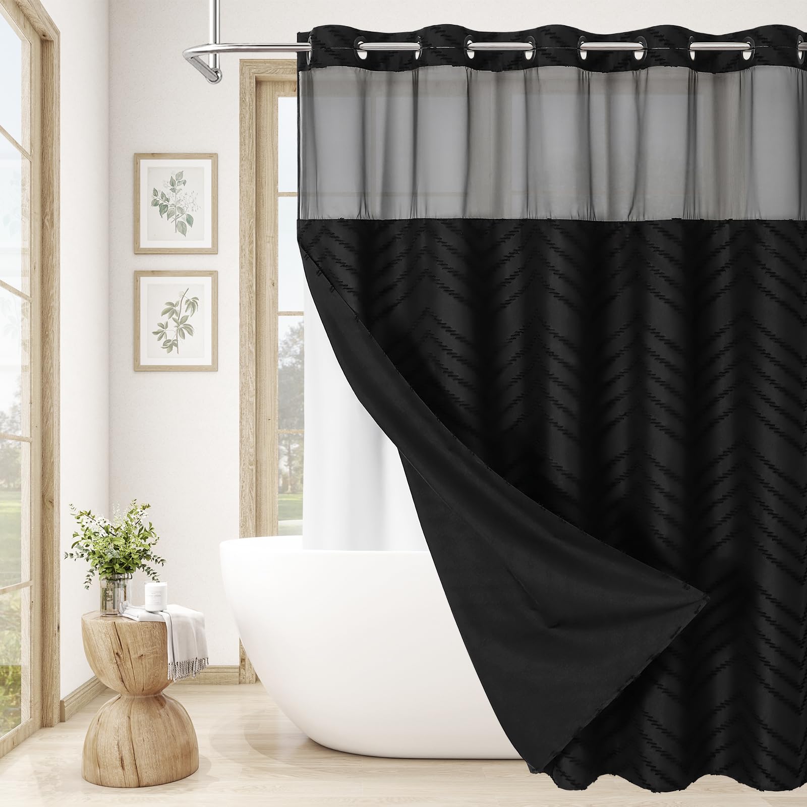 Craidlela No Hooks Boho Black Shower Curtain Set with Snap-in Liner, Farmhouse Woven Fabric Tufted Chevron Striped Textured Shower Curtain, Modern Style with See Through Window 72 x 74