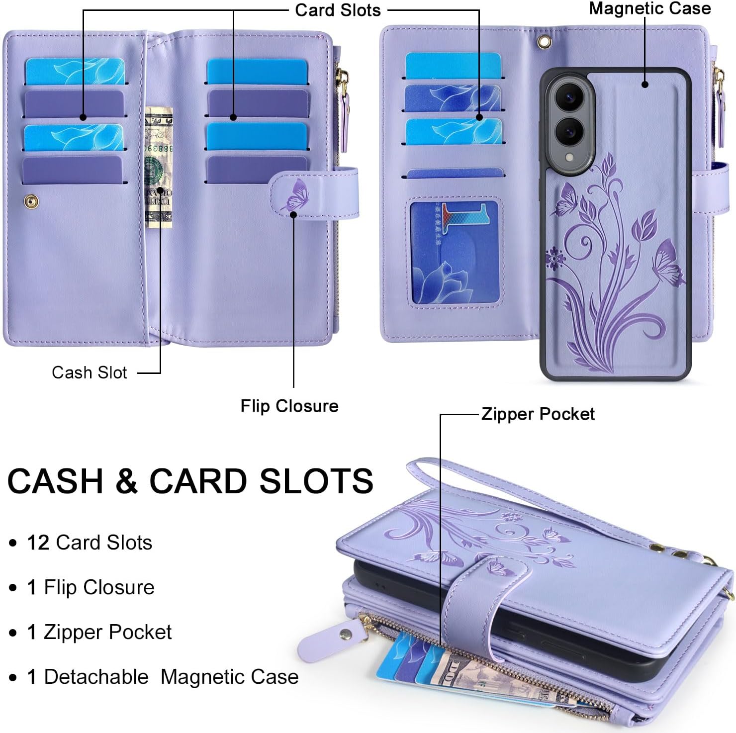 Lacass Case Wallet for Samsung Galaxy S25 Edge, [12 Card Slots] ID Credit Cash Holder Zipper Pocket Detachable Leather Wallet Cover with Wrist Strap Lanyard（Floral Light Purple）