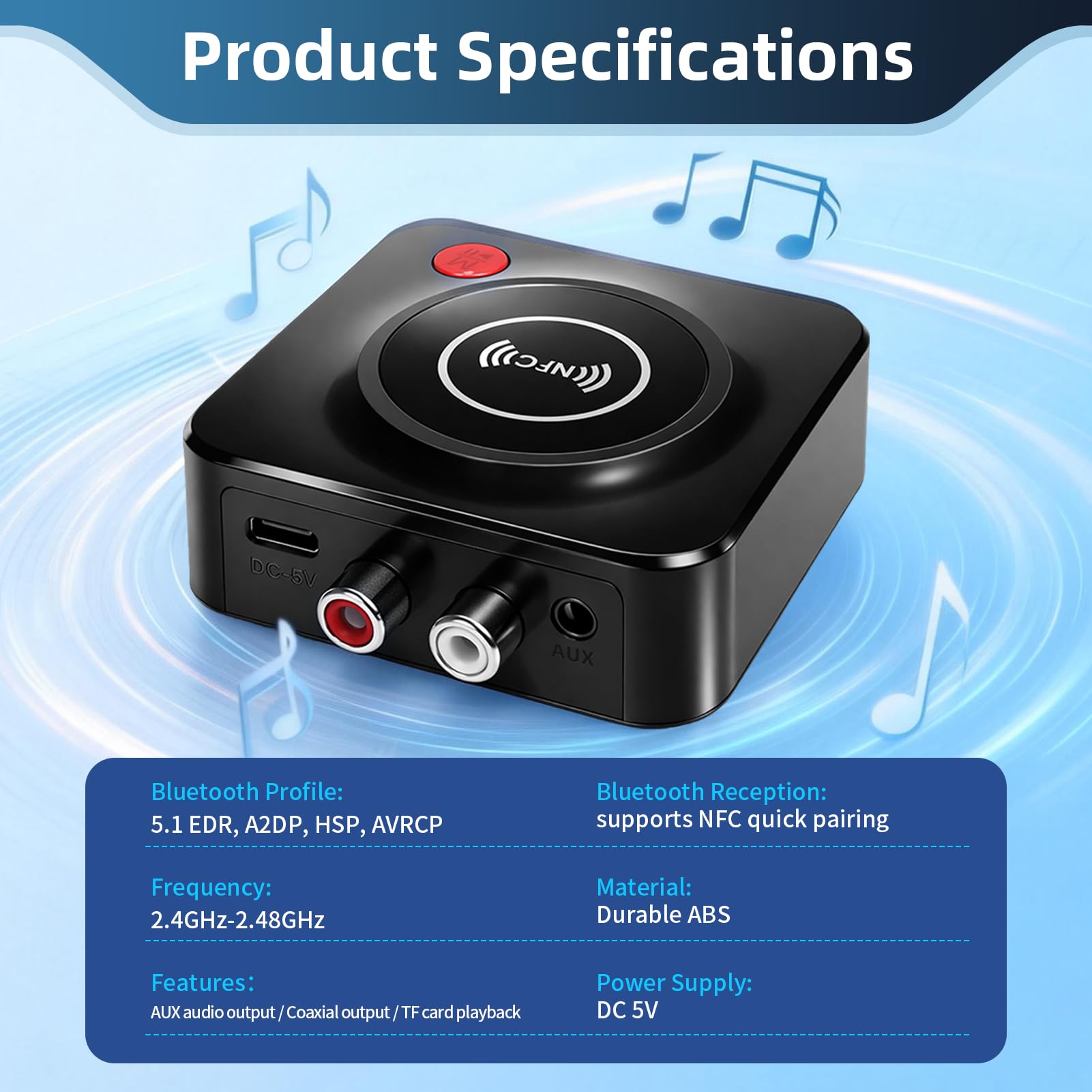 Receptor Bluetooth 5.1 HiFi con Salida AUX 3.5mm/RCA, Adaptador de Audio Inalámbrico con Modo de Graves, Conexión Dual para Estéreo, Altavoces y Amplificadores, Música Inalámbrica — view 6