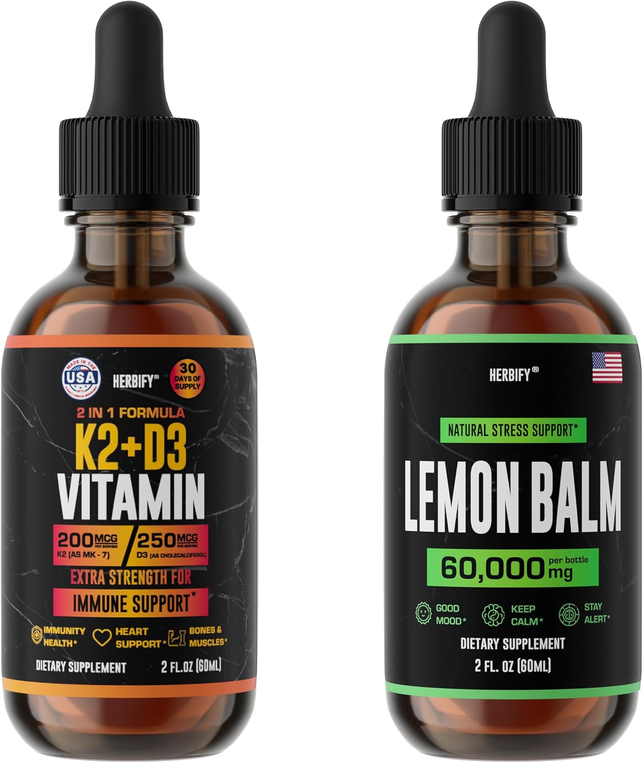 HERBIFY Bundle - K2 and D3 Drops & Lemon Balm Tincture - Bone Strength & Mood Boost
