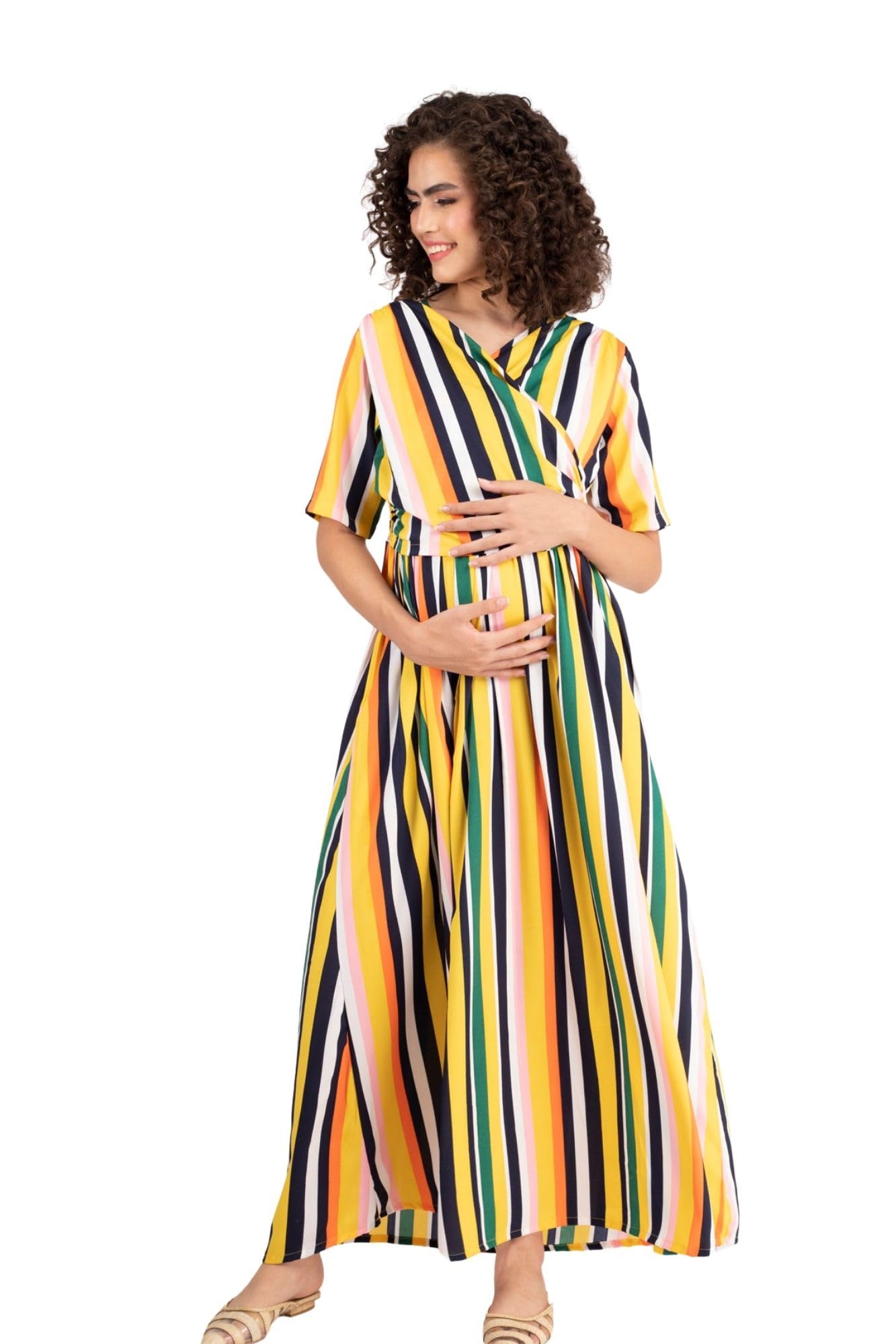 Dual Striped Yellow Maternity & Nursing Wrap Dress for Women-image-36