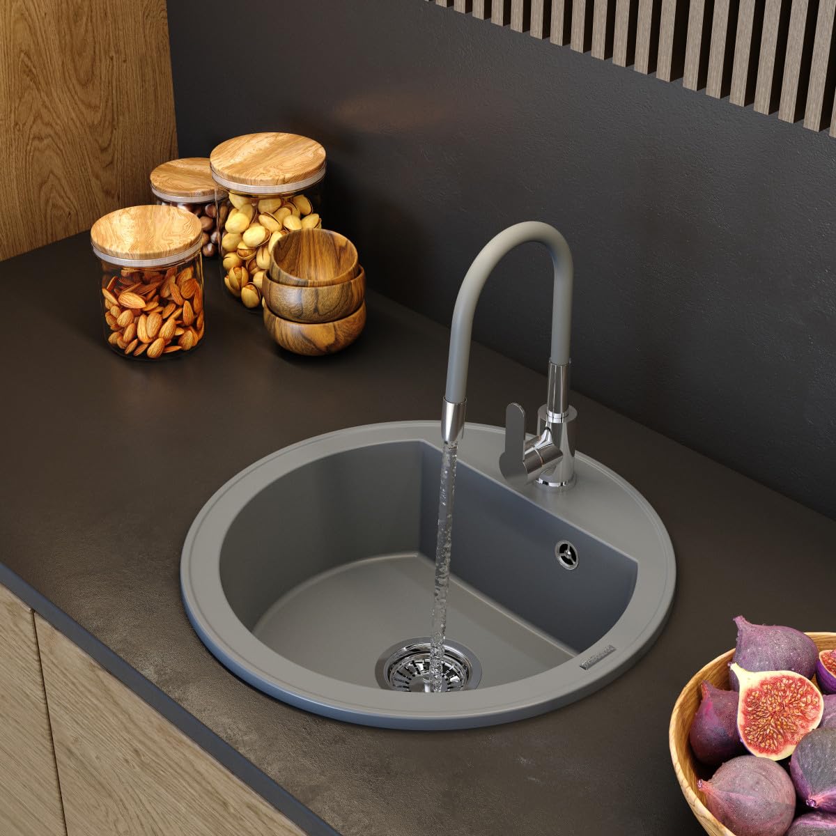 Granitan - Okrągły zlewozmywak granitowy ARNO - zlewozmywak jednokomorowy z syfonem chrom - 6 kolorów - średnica 49 cm - w zestawie GraniProtect - wysokiej jakości towarzysz kuchni
