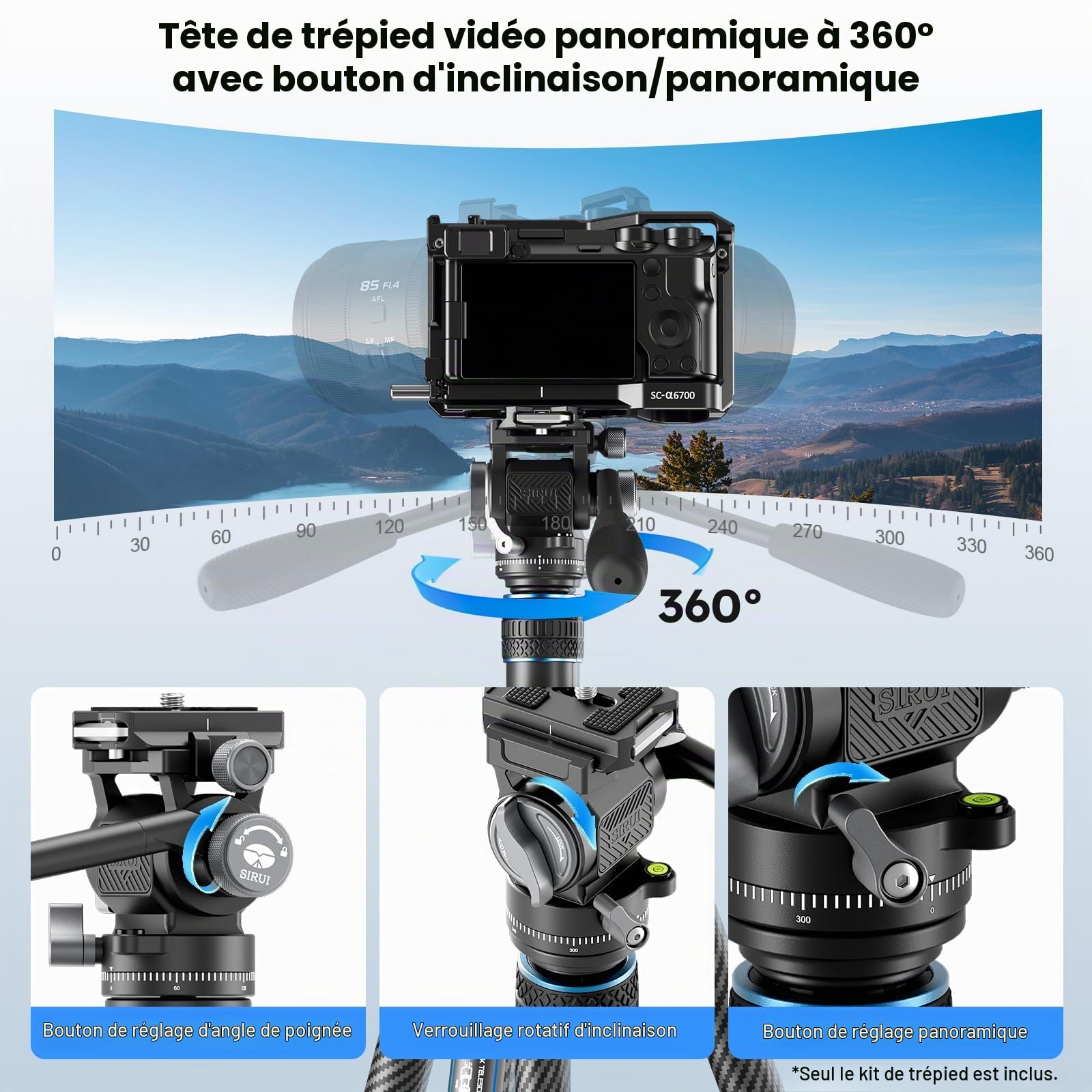 SIRUI Traveler Air Trépied pour appareil photo en carbone avec tête inclinable KV-5, ultra léger de 1,33 kg, hauteur maximale de 152 cm, capacité de charge de 5 kg, trépied de voyage compact pour