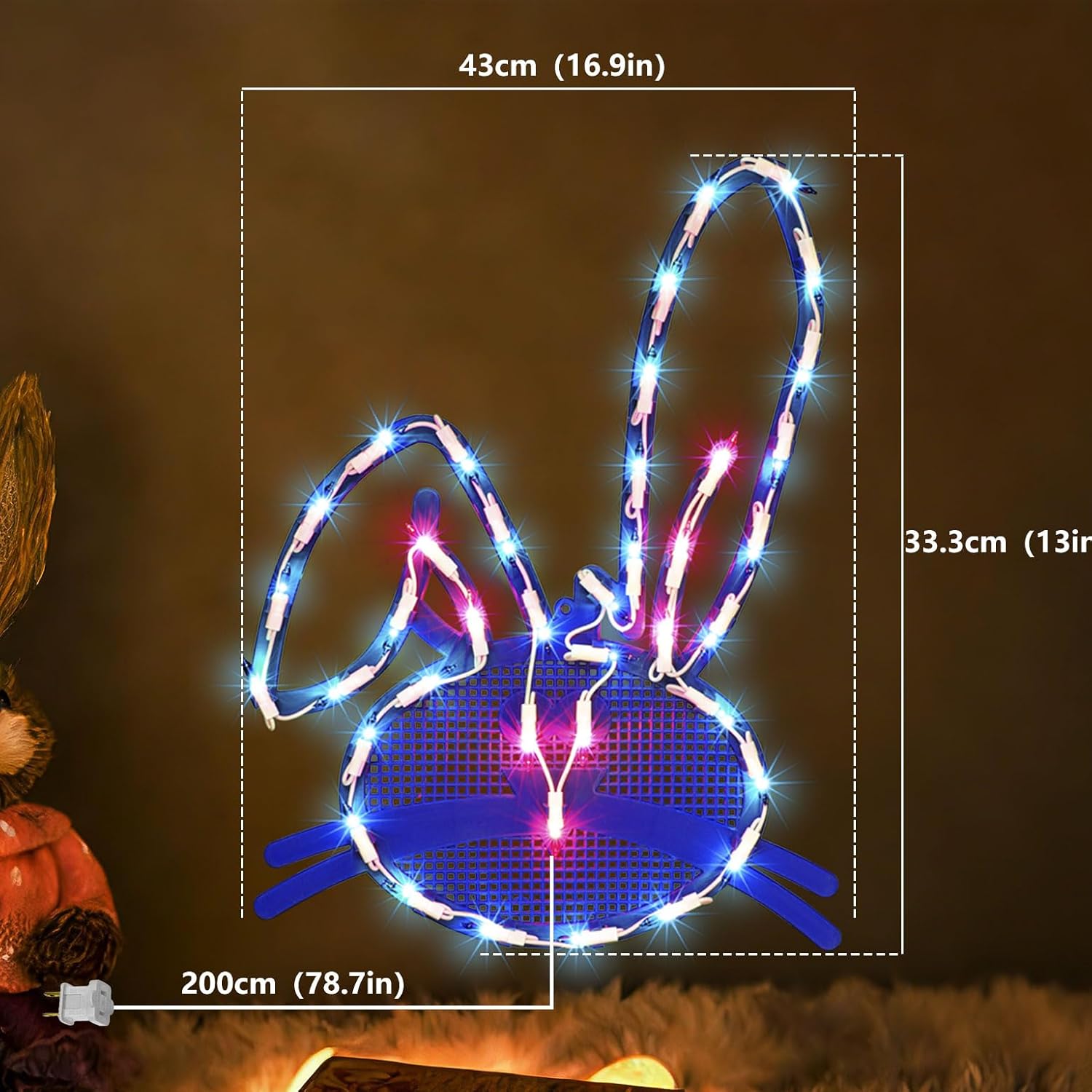17" 40LED Lighted Blue Bunny Easter Decor, Gentle Warm Glow for Mantel, 120V Plug-in, UL Certified, Delicate Gift Box Packed