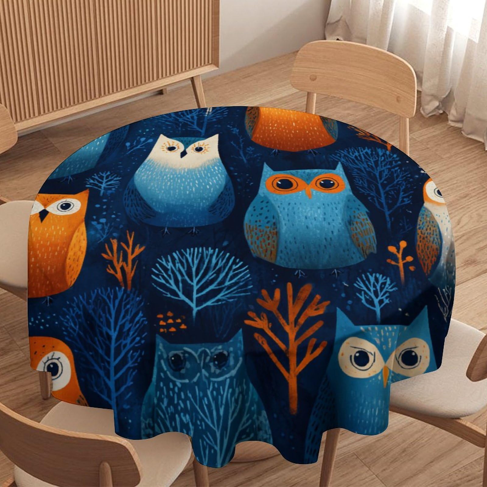 LUYYSKY Classic Watercolor Owls Waterproof Round Tablecloth Retro Anime Art Animals Owls Plant Trees Print Washable Table Cover for Kitchen-70 Wx70 L