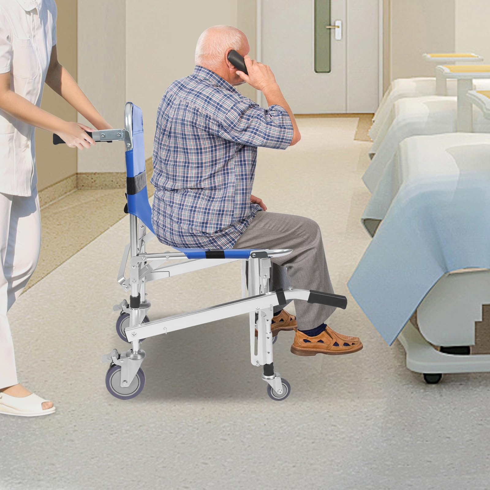 Krzesło schodowe dla seniorów, składane, ze stopu aluminium, z uchwytami, pasy bezpieczeństwa, podnóżek, krzesło ewakuacyjne do wózka ratunkowego, strażaka, do 160 kg