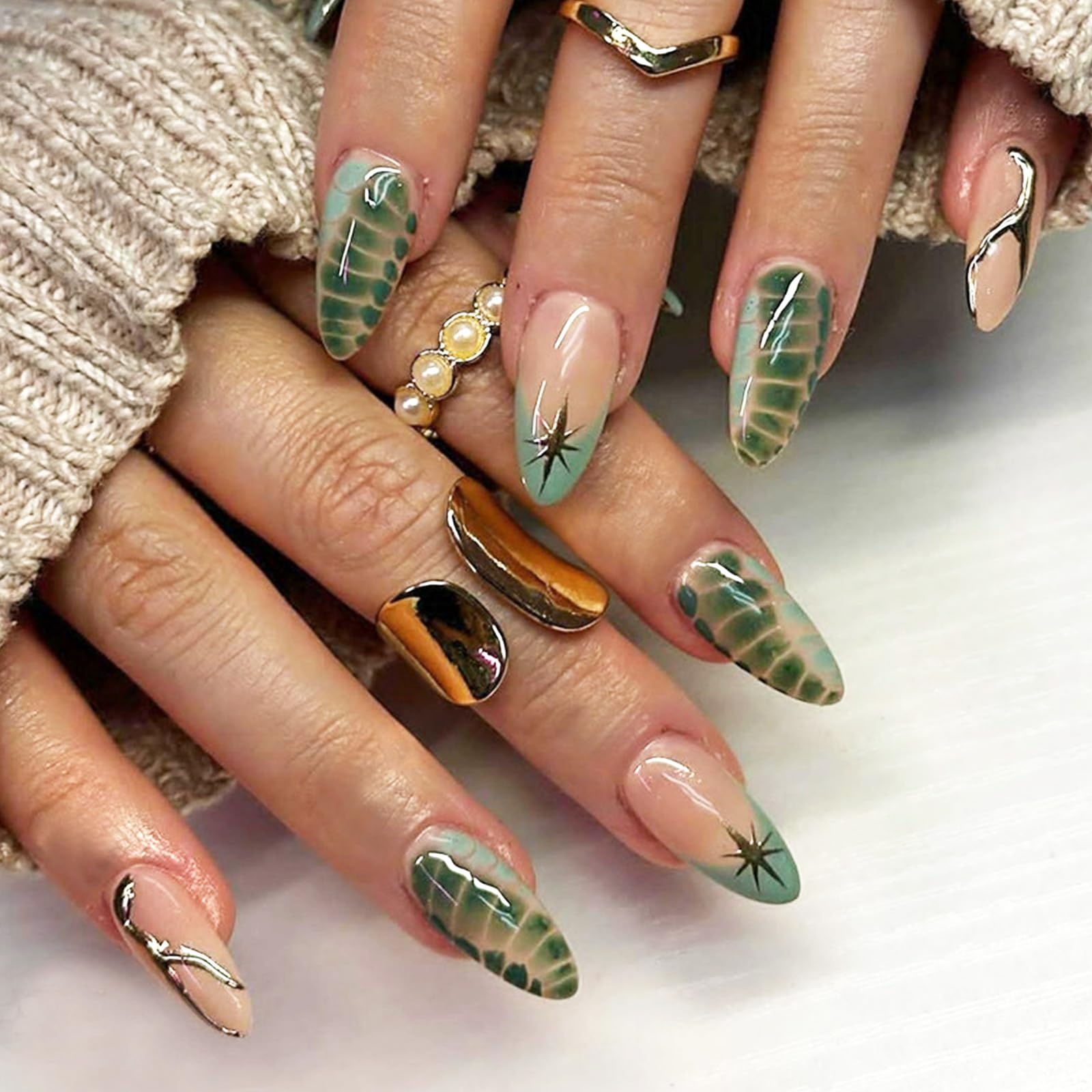 Green Tortoise Press on Nails Almond Medium Fake Nails Green French Tip False Nails Gel Glue on Nails Stars Acrylic Nails Gold Curve Line Stick on