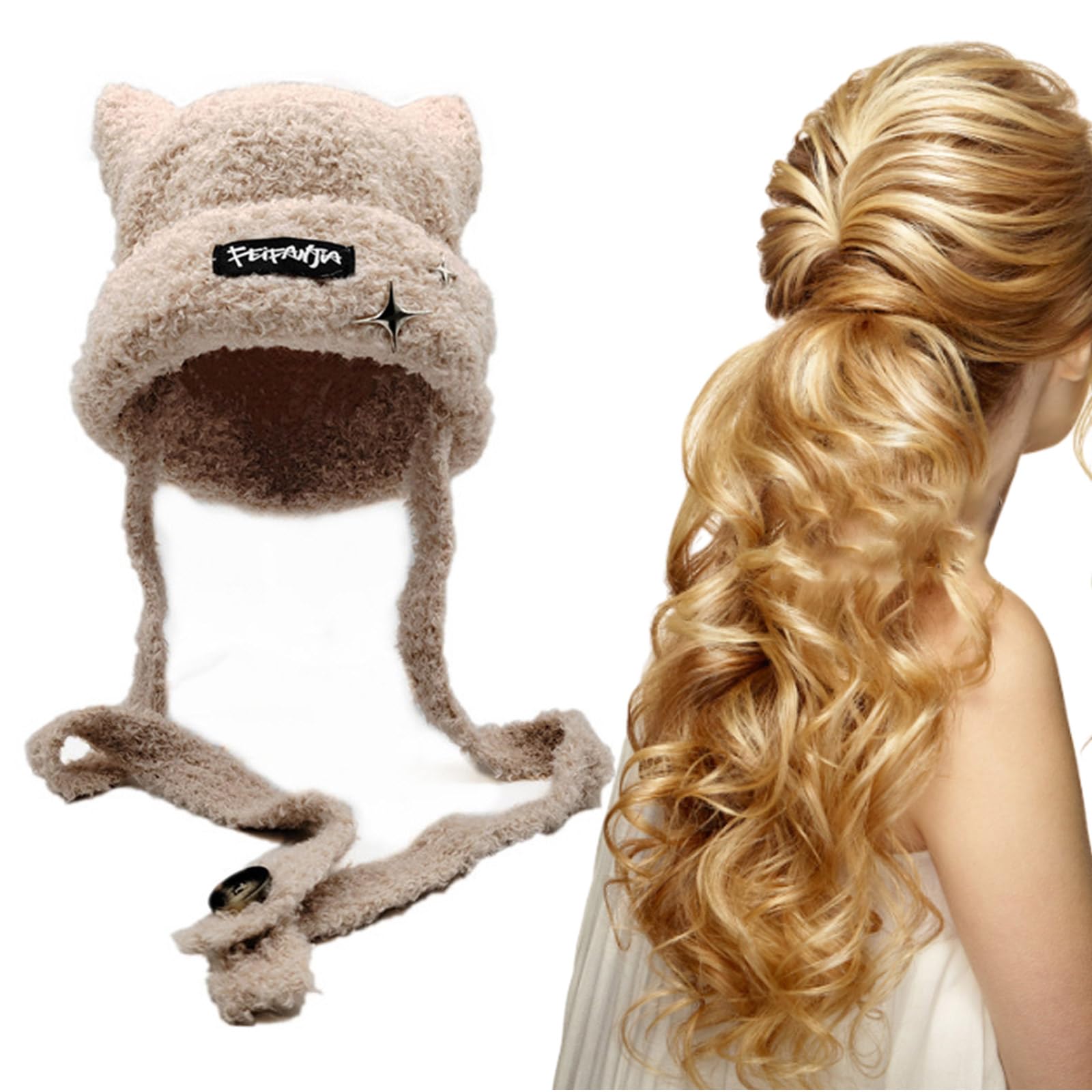 2in1 Winter Knit Cat Ear Trapper Hat Ladies Multiple Color Knit Can Be Turned into Bag for Girlfriend Shopping Coffee