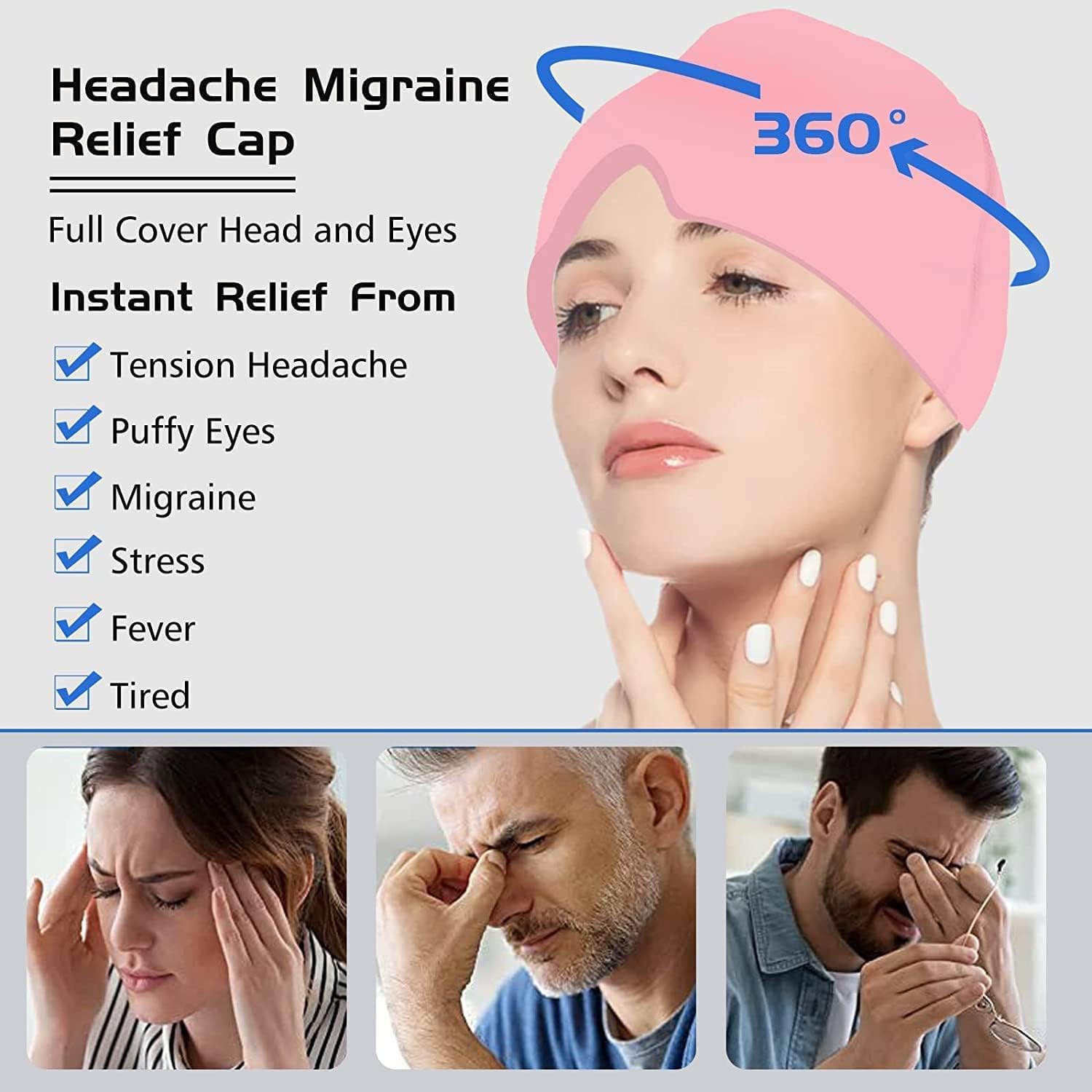 AANAHIL Gel Headache and Migraine Relief Cap, Pink, Medical Grade Gel, Hot/Cold Therapy, 360° Coverage, One Size Fits All 4