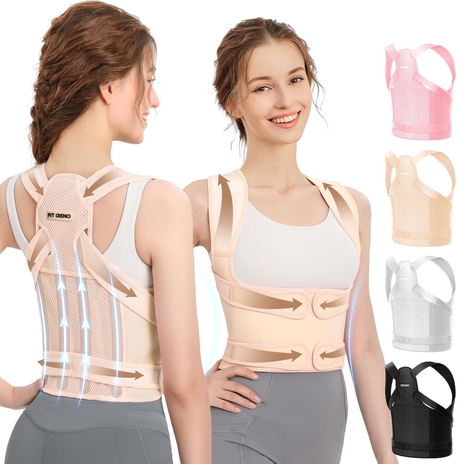 Fit Geno Back Brace Posture Corrector for Women and Men, Shoulder Straightener, Adjustable Full Back Support, Upper and Lower Back Pain Relief - Scoliosis, Hunchback, Thoracic, Spine Corrector (S)