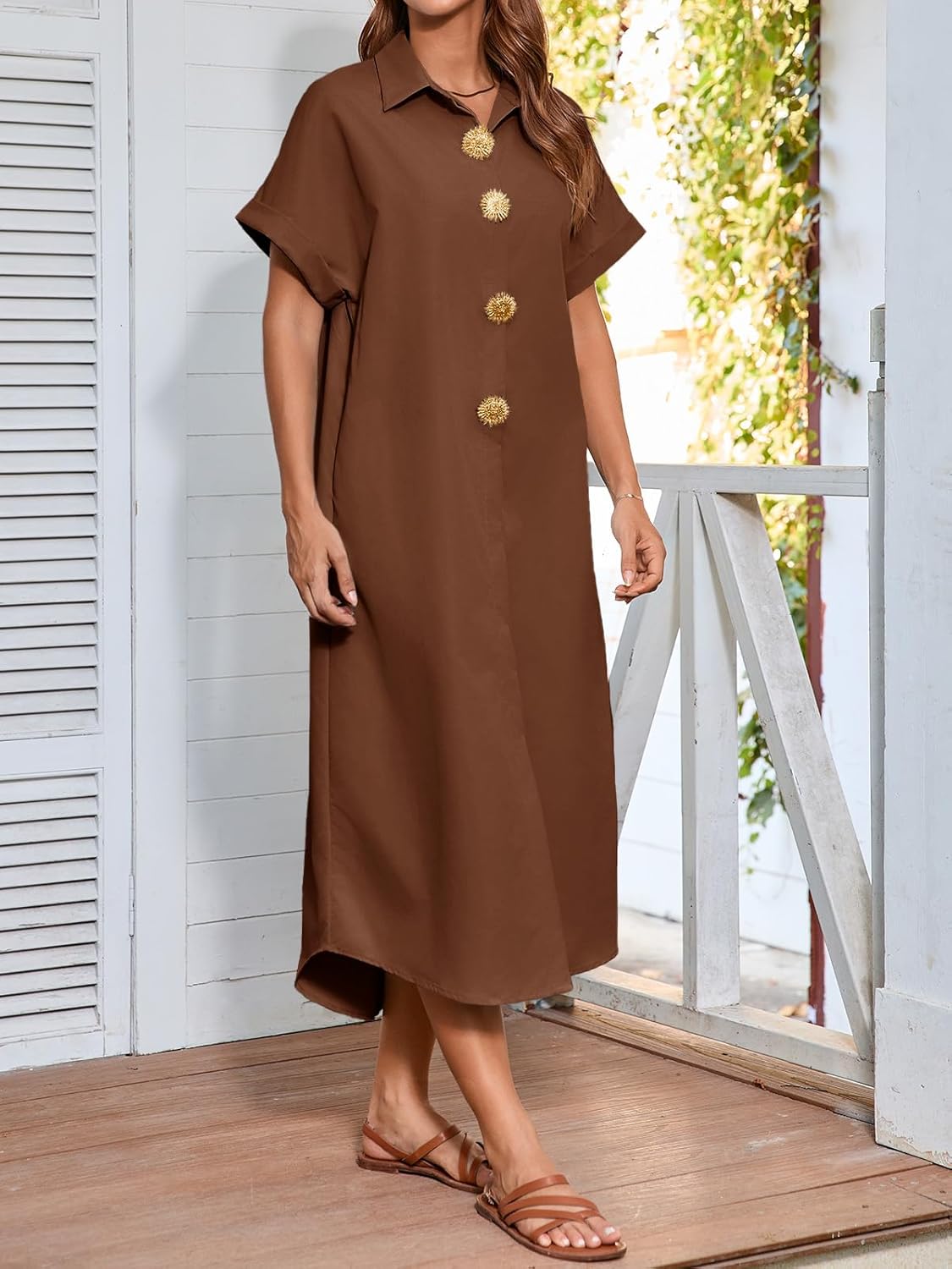 Wenrine Womens Summer Shirt Dress Casual Short Sleeve Button Maxi Dresses Beach Cover Up with Pockets - Image 3