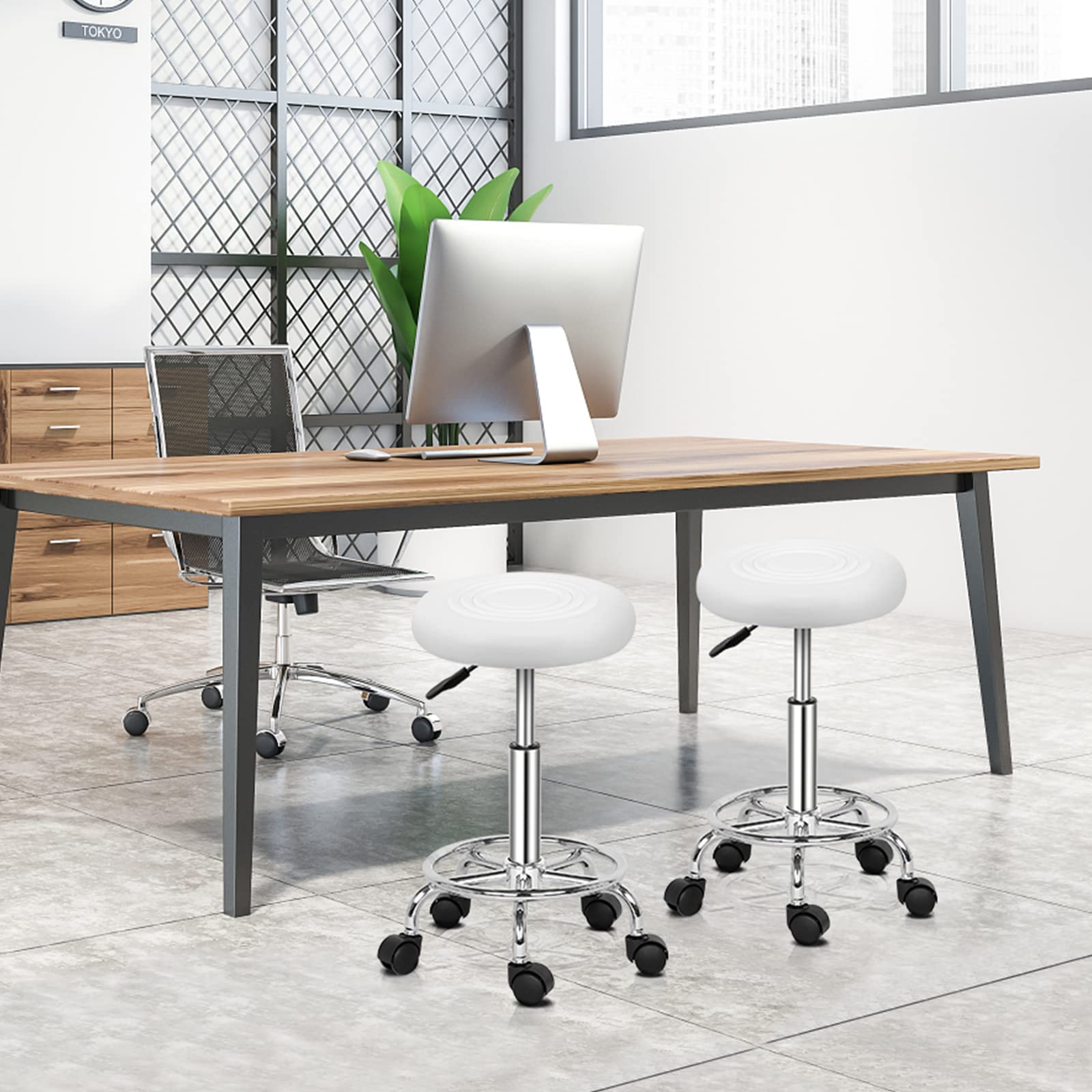 Bonnlo Tabouret de Bureau Tabouret à roulettes Rotation à 360° et Hauteur Réglable 47,5-61 cm pour Salon de Manucure, Salon de Beauté, Spas et Bureax, Blanc
