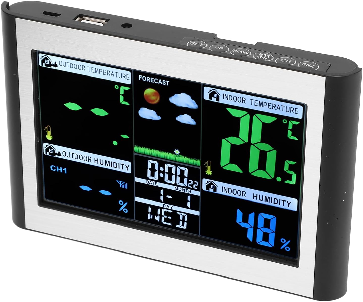 Weather Clock Station, Multi Function Buttons Color Screen Digital Display with Weather Forecast Indoor Outdoor Temperature Humidity Monitor, for Home Office Use