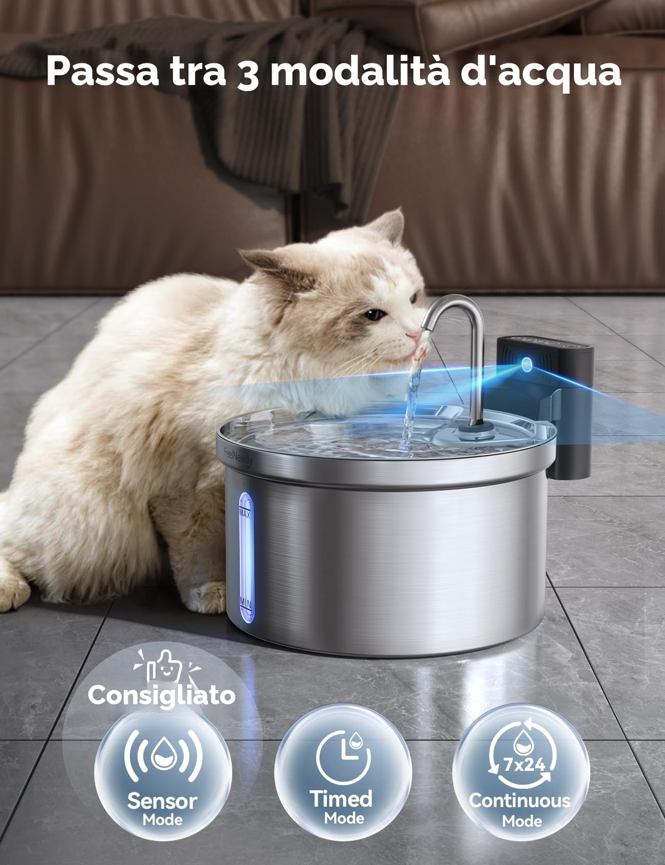 Fontanella per Gatti Senza Fili con Sensore [Separazione acqua e batteria] FEELNEEDY Distributore Automatico d'acqua in Acciaio Inox, Fontana a Batteria 4000mAh- 3.5L con 6 Set Filtri