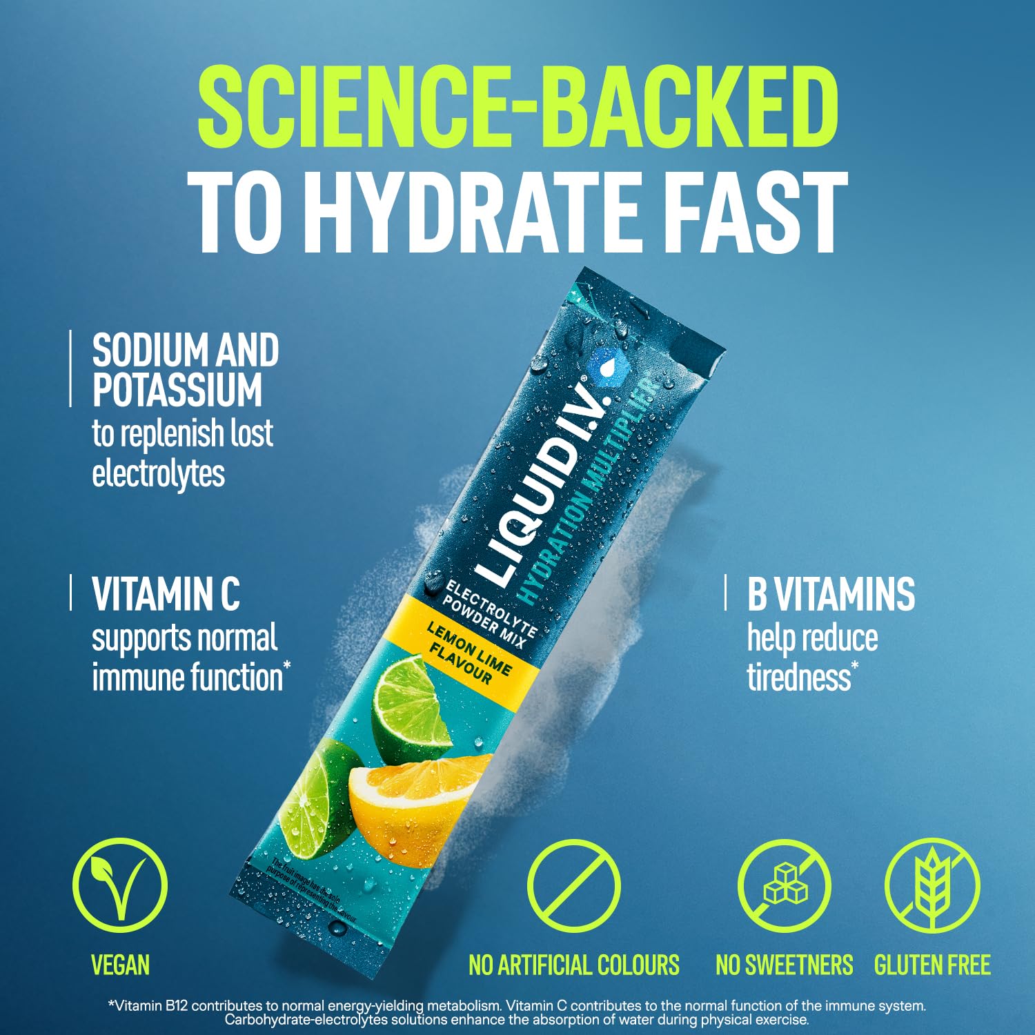 Liquid I.V. Hydration Multiplier Electrolyte Powder Mix, Lemon Lime Flavour, Electrolytes with 7 Vitamins & Minerals for Fast Hydration & Energy, Vegan and Gluten Free, 16 Sachet Sticks — view 3