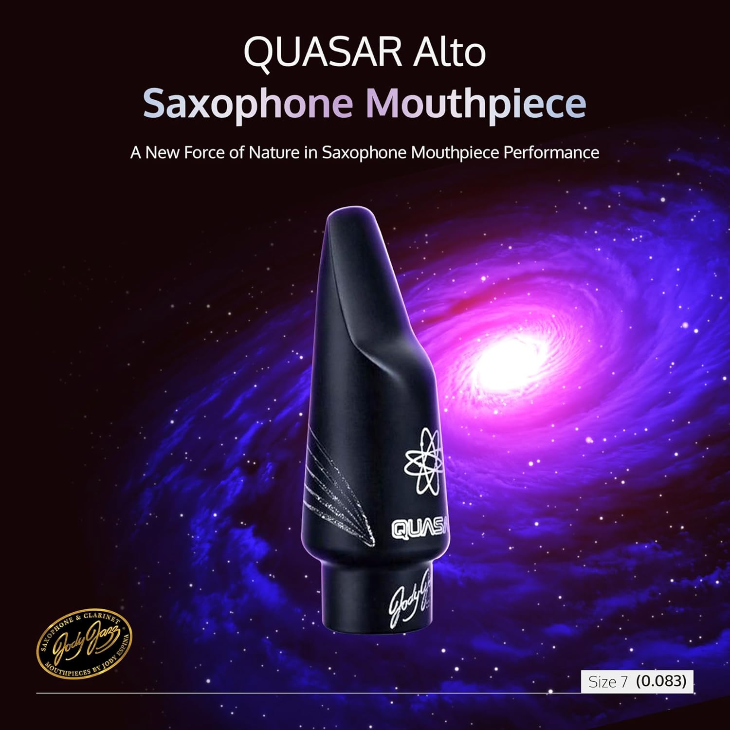 JodyJazz QUASAR™ Alto 7 Saxophone Mouthpiece Crafted with German Hard Rubber - Short Facing Curve with High Baffle, Bullet Chamber & Vibra Table™ Design - Black - Pack Of 1