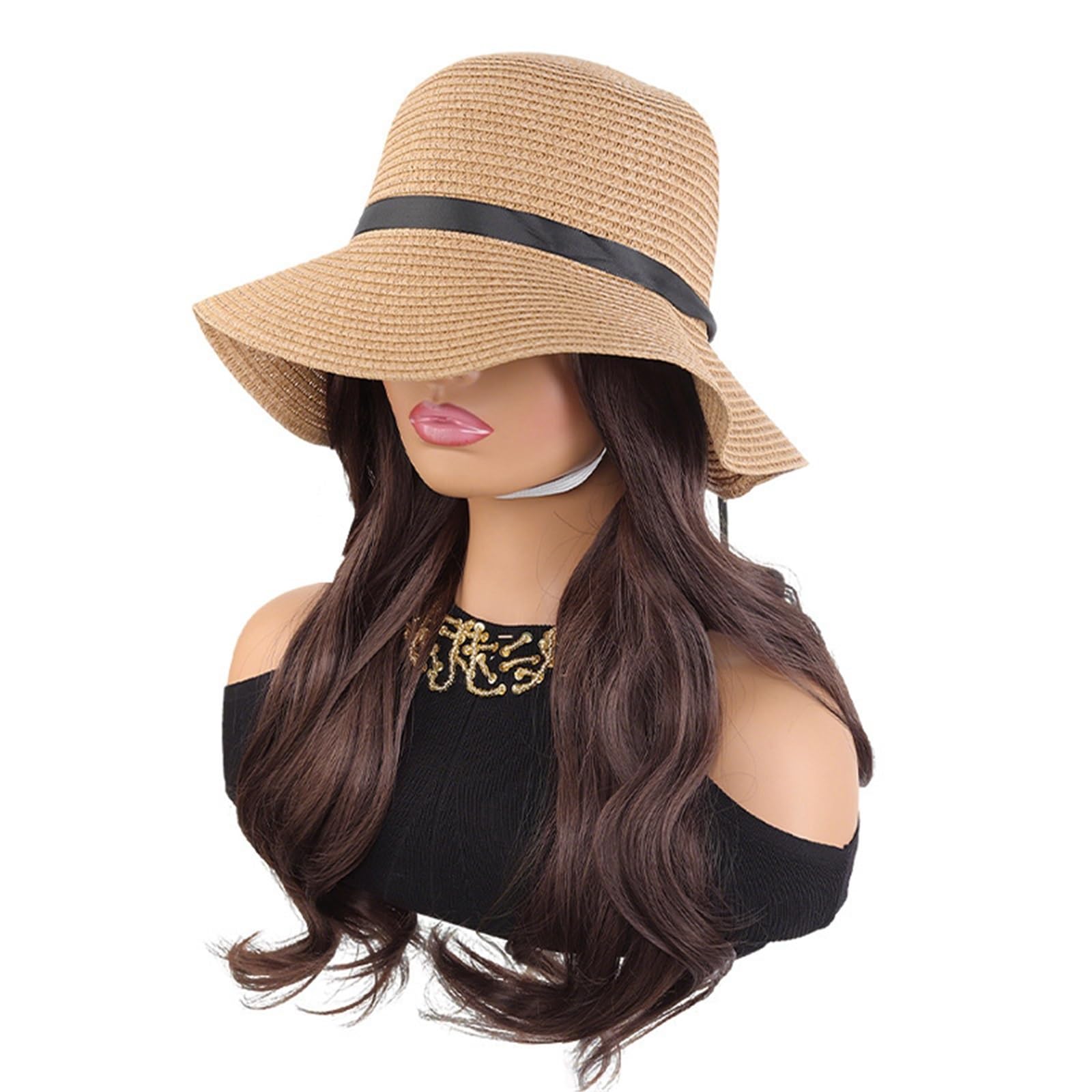 Libangrong-888 Women's Bruin Wigs Big Brimmed Hat Summer Vacation Wave Curly Hair One-Piece Wig Natural Wig(Bruin)