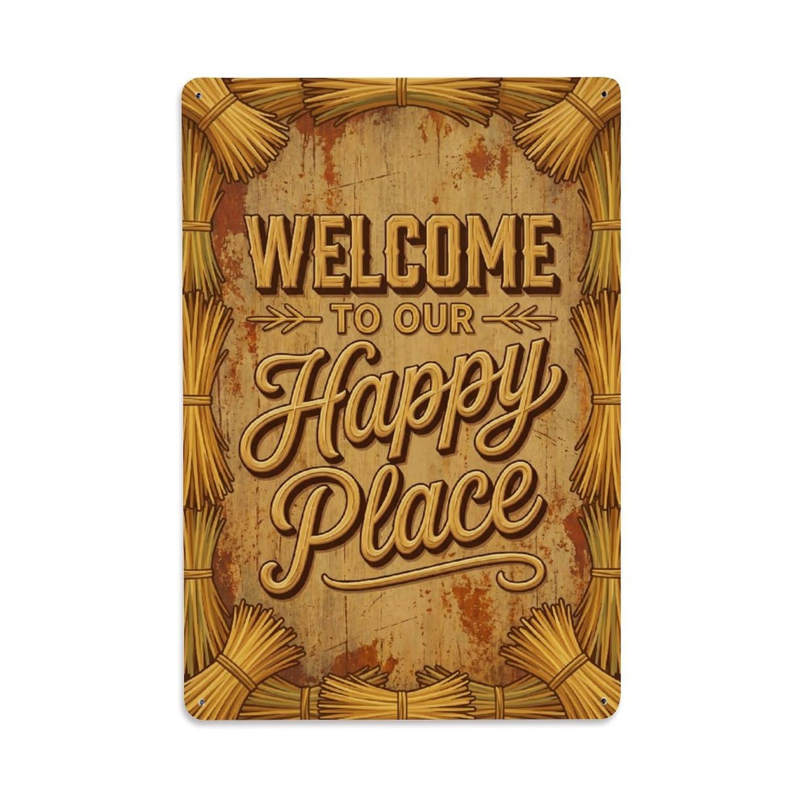 Okngb Style Turquoise Gem Welcome Happy Place Rustic Garden Gate Metal Tin Sign Plaque Wall Decor For Cafe, Man Cave, Club Bar, Office, Home Garden Round Metal Poster 8X12inch